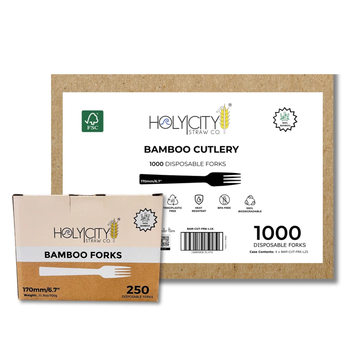 Six 6.7-inch bamboo forks from Holy City Straw Company, disposable cutlery set with eco-friendly design.