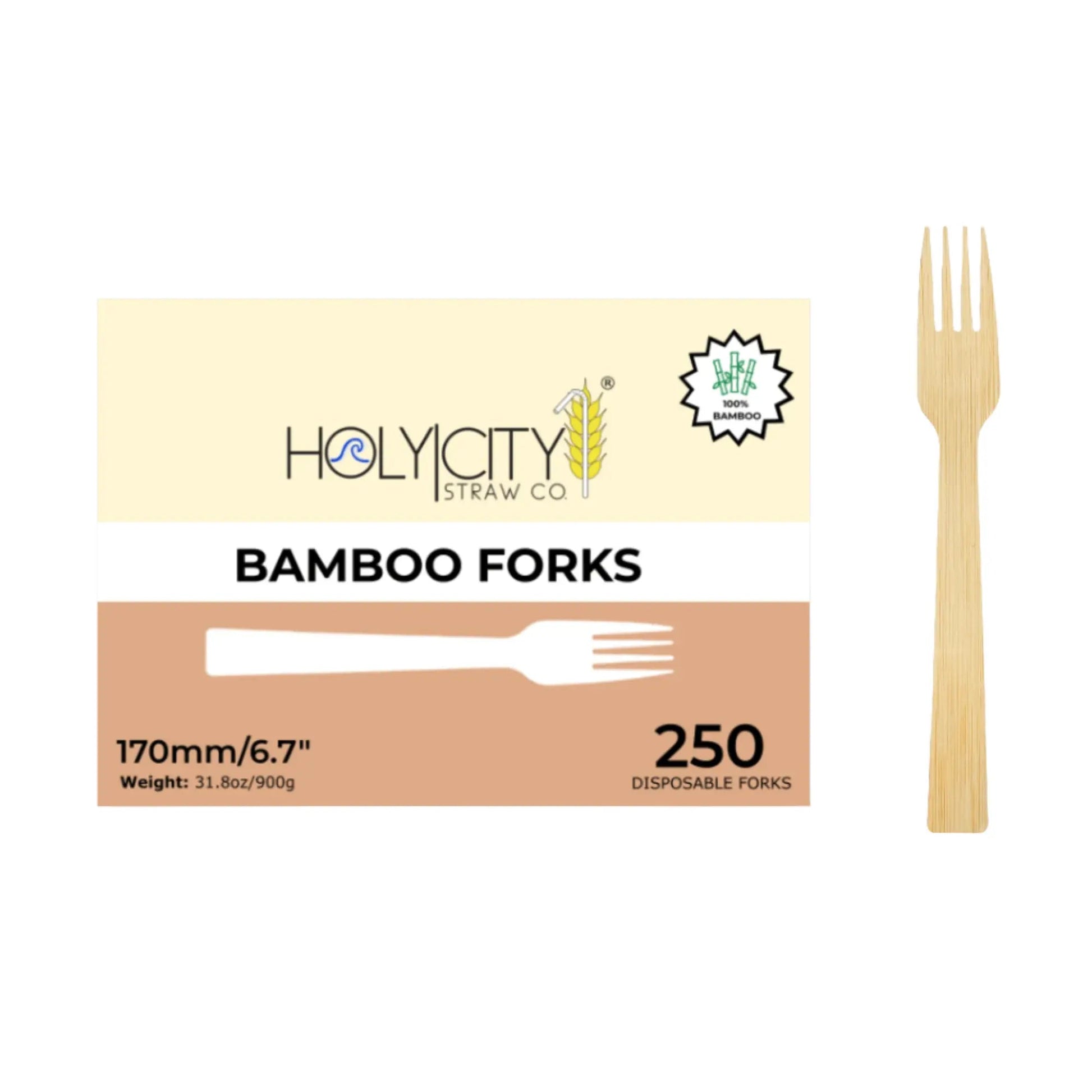 Six 6.7-inch bamboo forks from Holy City Straw Company, disposable cutlery set on a white background.
