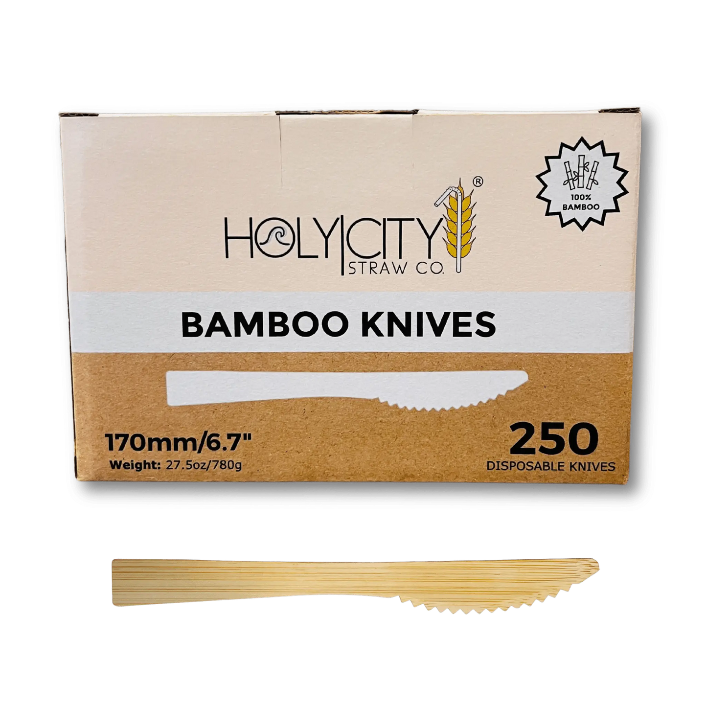 Six 6.7-inch bamboo knives from Holy City Straw Company disposable cutlery set, eco-friendly and natural-looking.