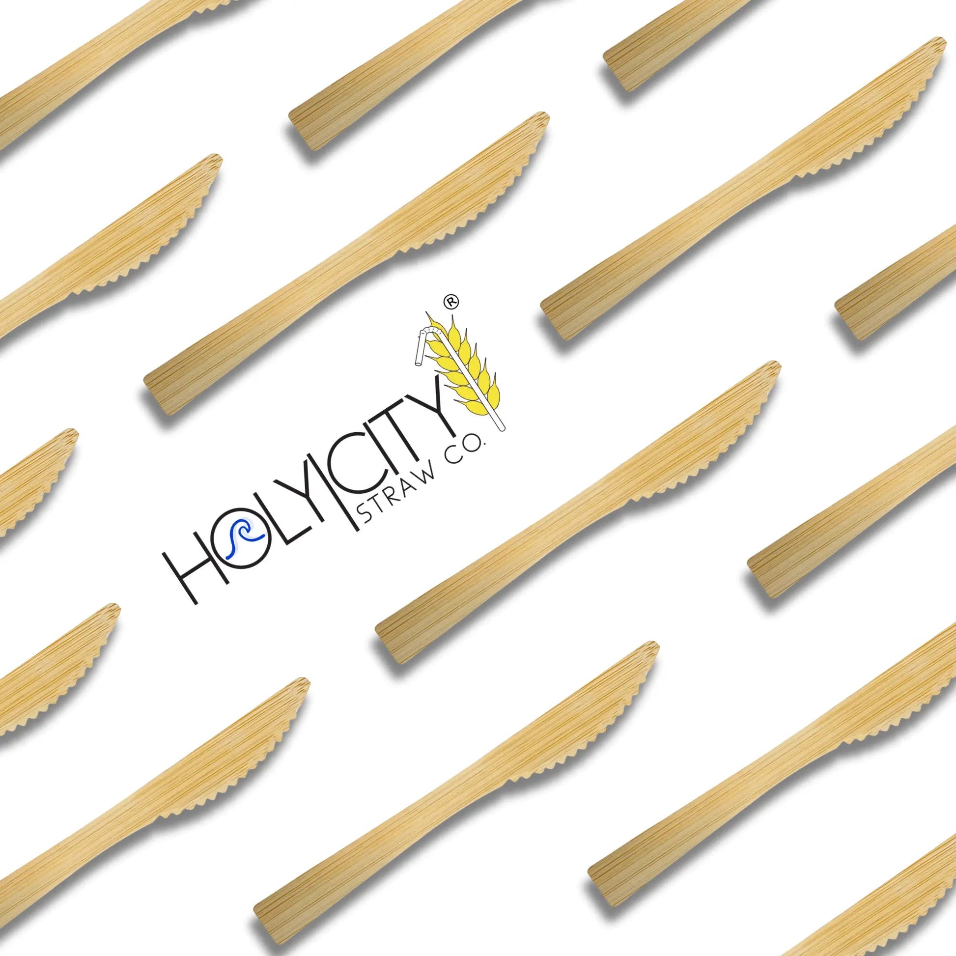 Six 6.7-inch bamboo knives from Holy City Straw Company, disposable cutlery set with natural wood finish.
