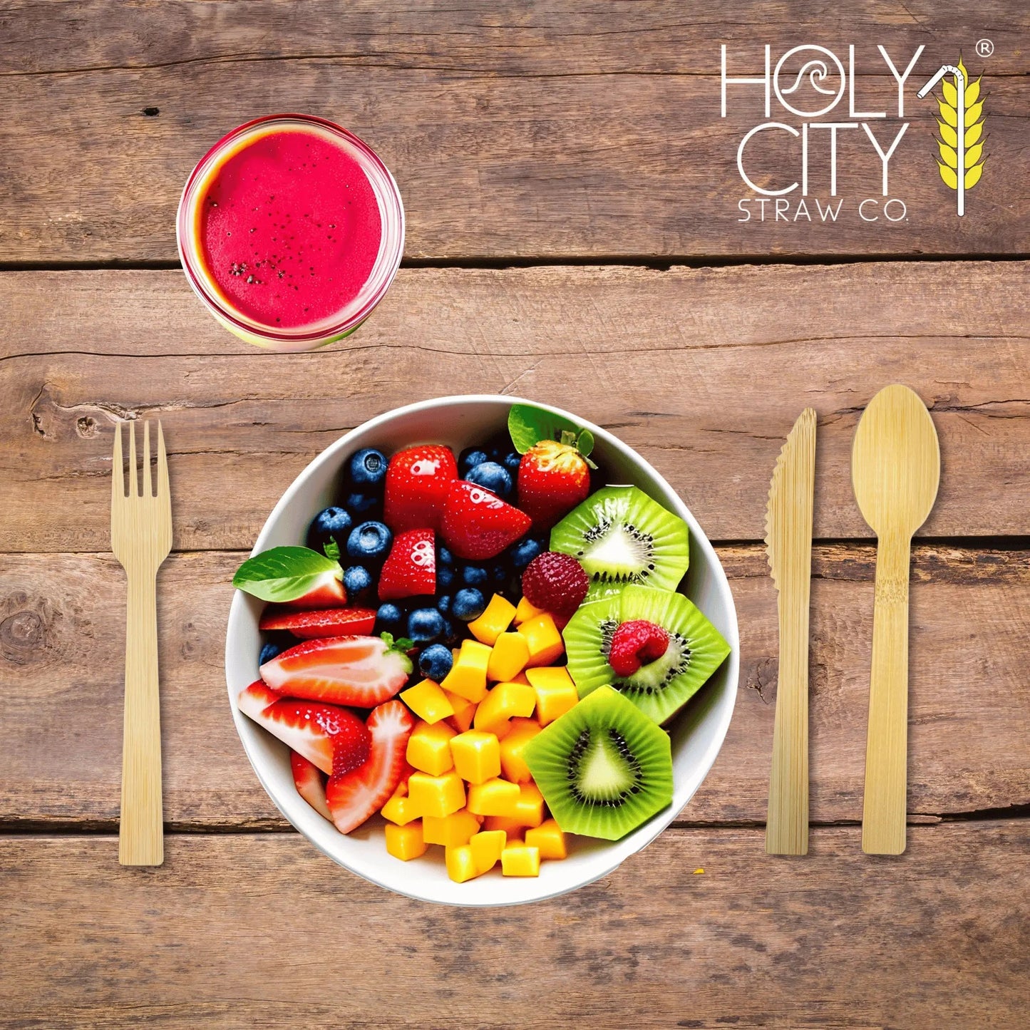 Six 6.7-inch bamboo knives from Holy City Straw Company in disposable cutlery set, eco-friendly and natural-looking.