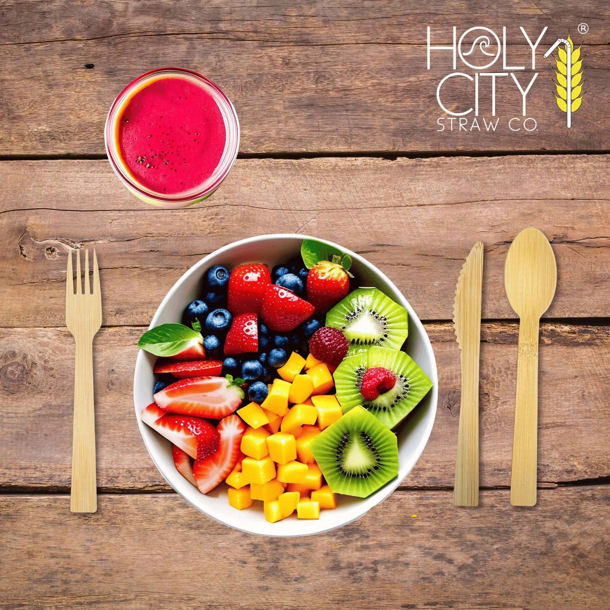 Six 6.7-inch bamboo knives from Holy City Straw Company in disposable cutlery set, eco-friendly and natural-looking.