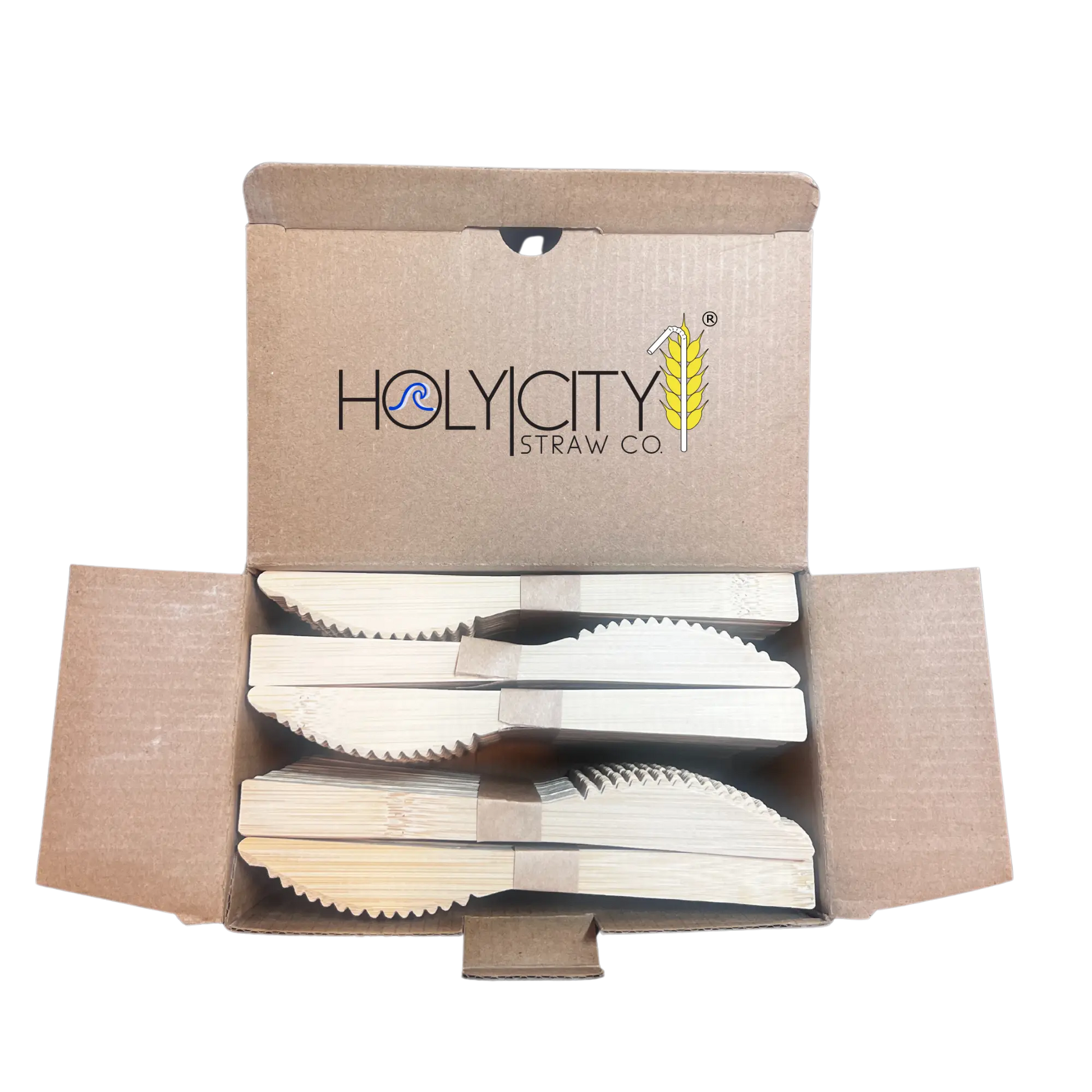 Six 6.7-inch bamboo knives from Holy City Straw Company, disposable cutlery set, natural bamboo with smooth handles.