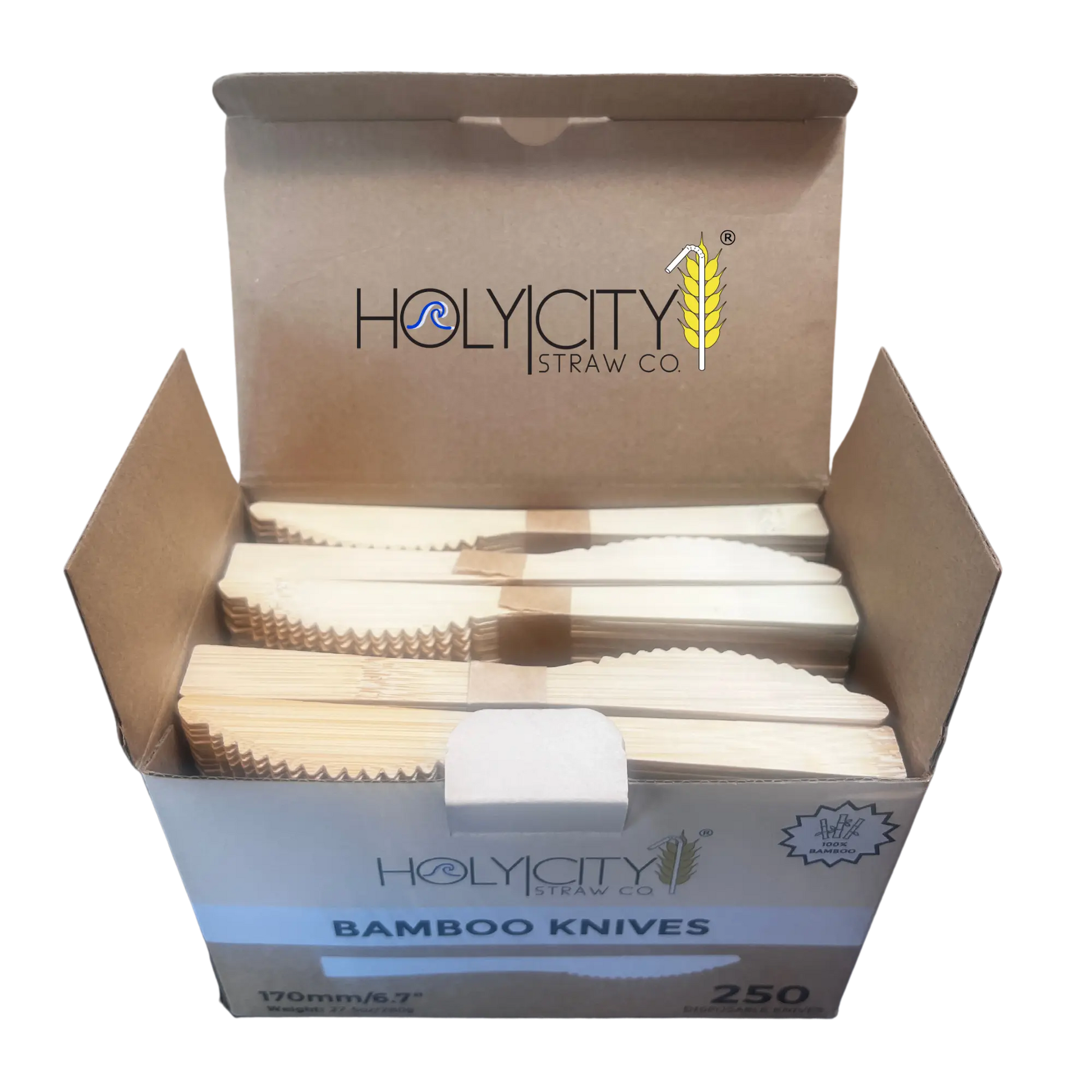 Six 6.7-inch bamboo knives from Holy City Straw Company disposable cutlery set, showcasing eco-friendly wooden utensils.