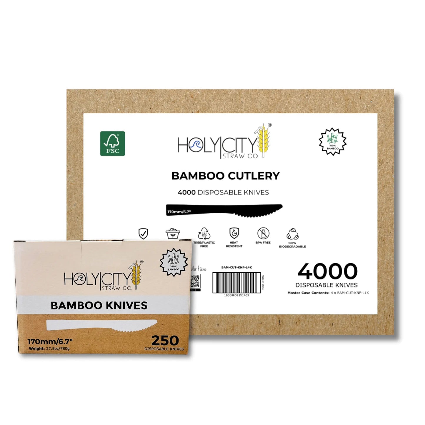 Six 6.7-inch bamboo knives from Holy City Straw Company, disposable cutlery set, eco-friendly and natural wood finish.