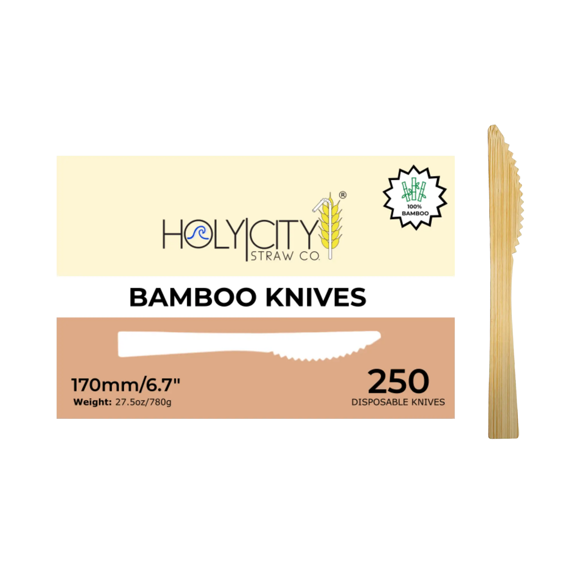 Six 6.7-inch bamboo knives from Holy City Straw Company, disposable cutlery set for eco-friendly dining.