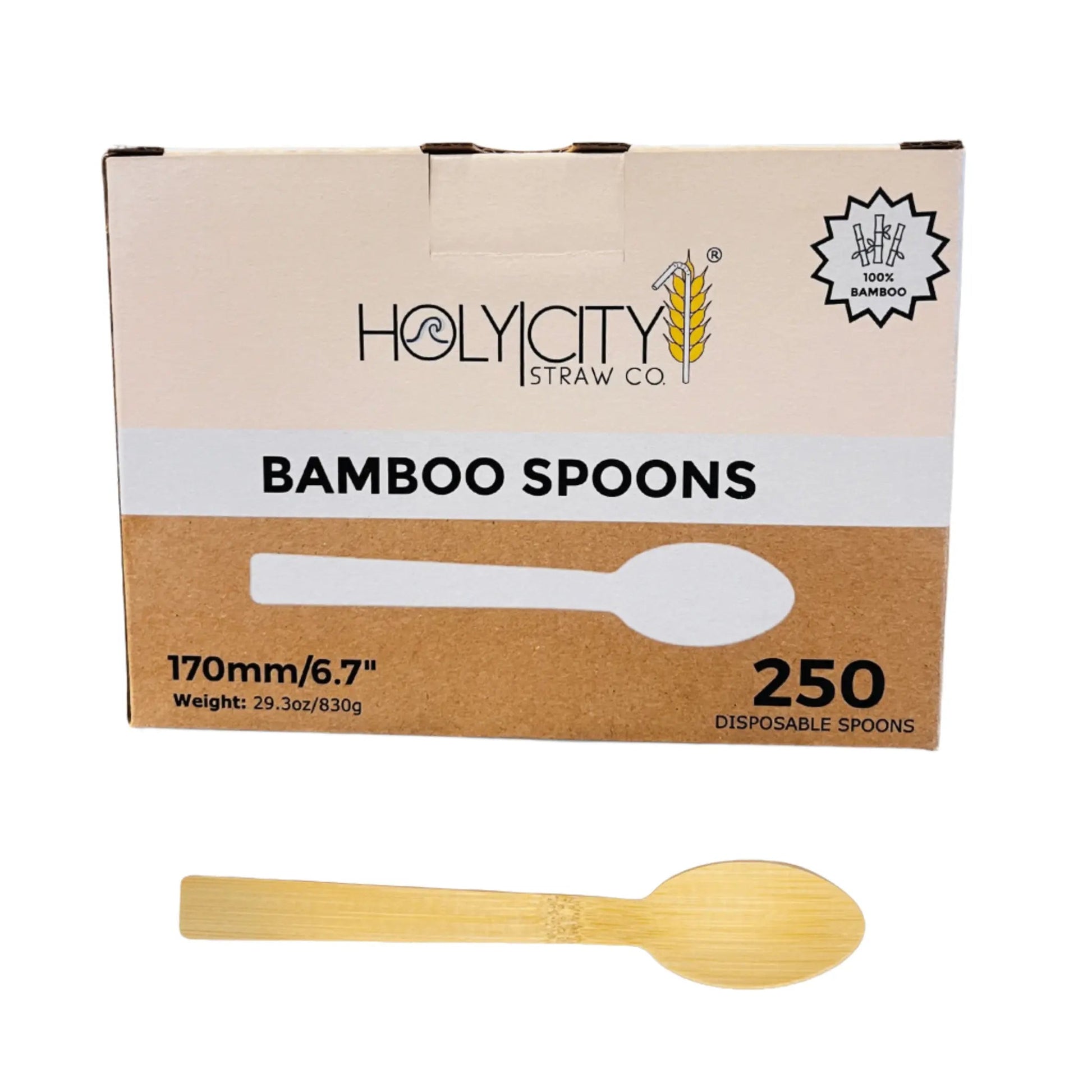 Six 6.7-inch bamboo spoons from Holy City Straw Company, disposable cutlery with smooth handles and eco-friendly design.