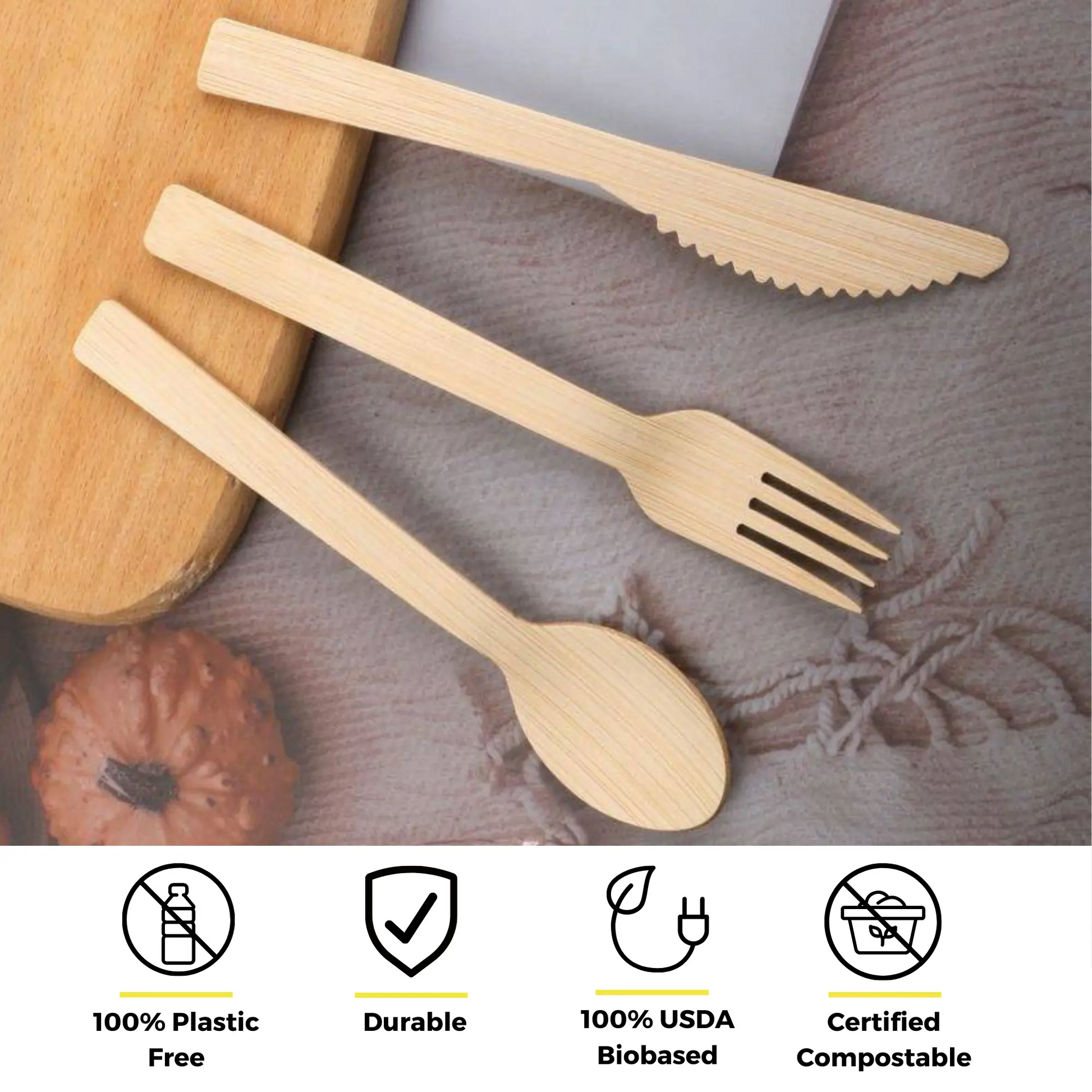 Six 6.7-inch bamboo spoons from Holy City Straw Company, disposable cutlery for eco-friendly dining and serving.