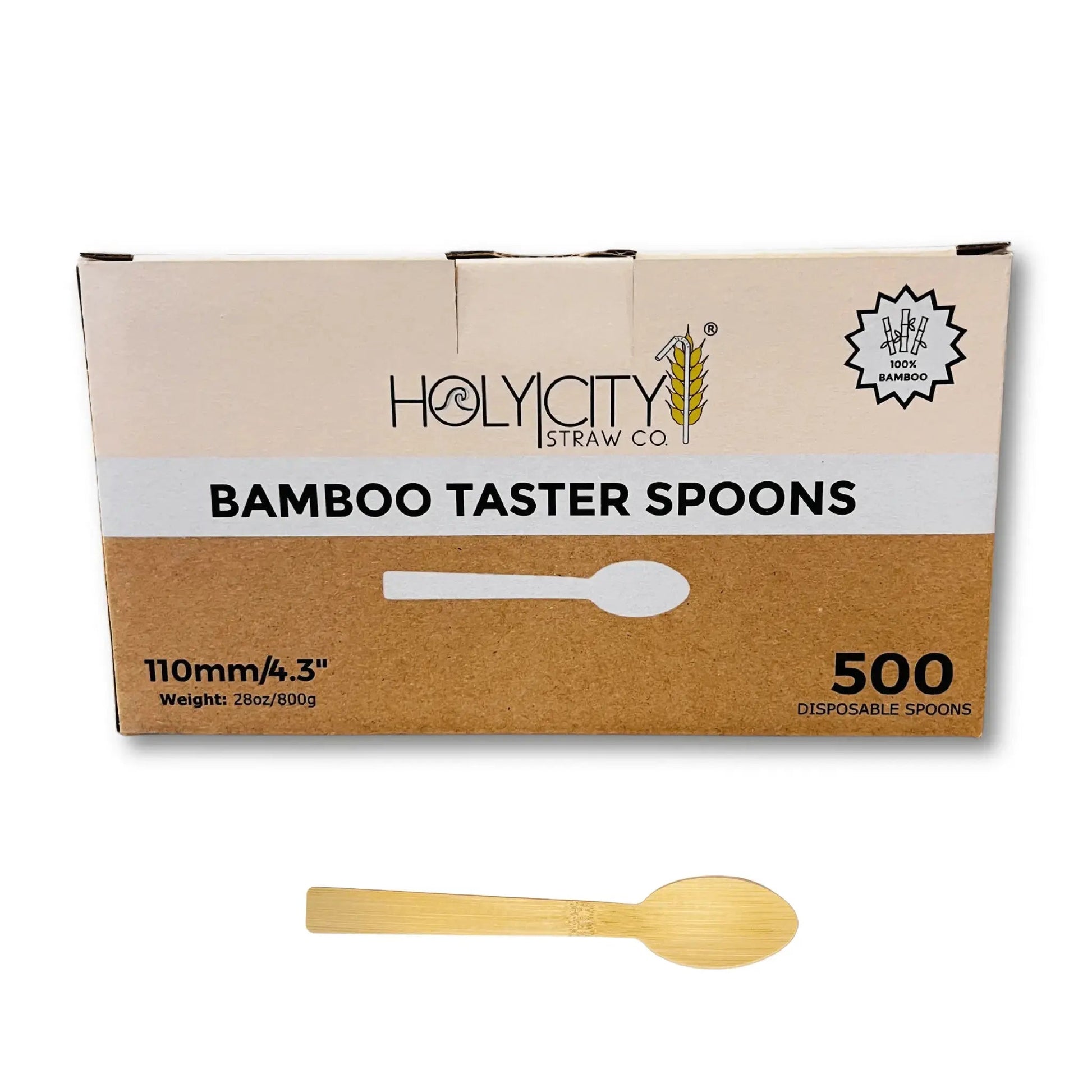 Four 4.3-inch bamboo taster spoons from Holy City Straw Company, disposable cutlery for sampling or tasting applications.