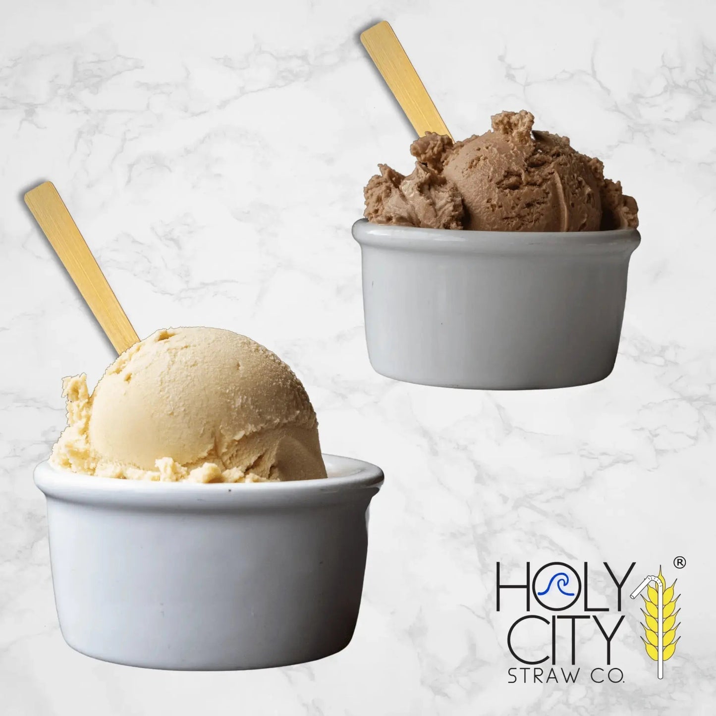 Four 4.3-inch bamboo taster spoons from Holy City Straw Company, disposable cutlery for sampling and tasting purposes.