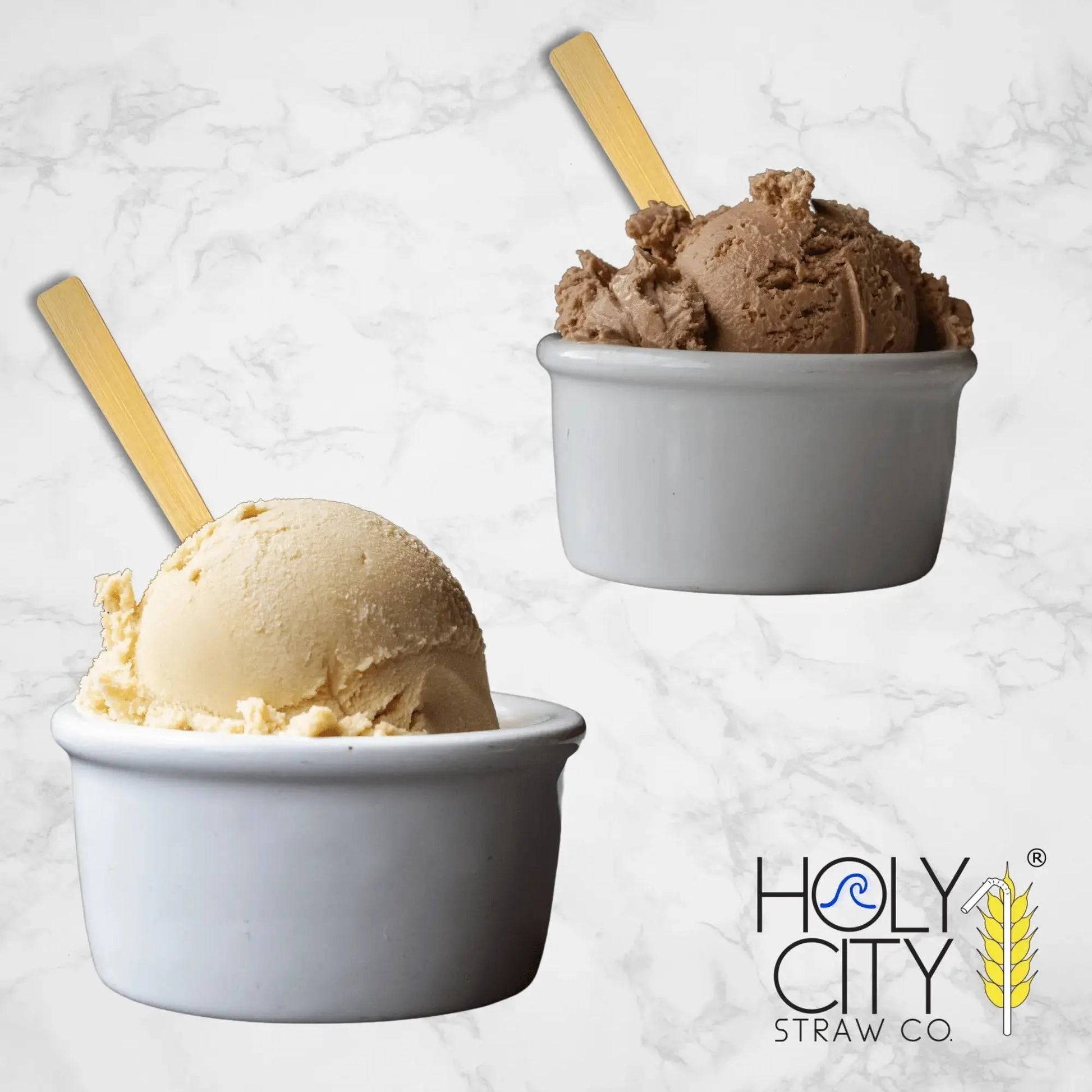 Four 4.3-inch bamboo taster spoons from Holy City Straw Company, disposable cutlery for sampling and tasting purposes.