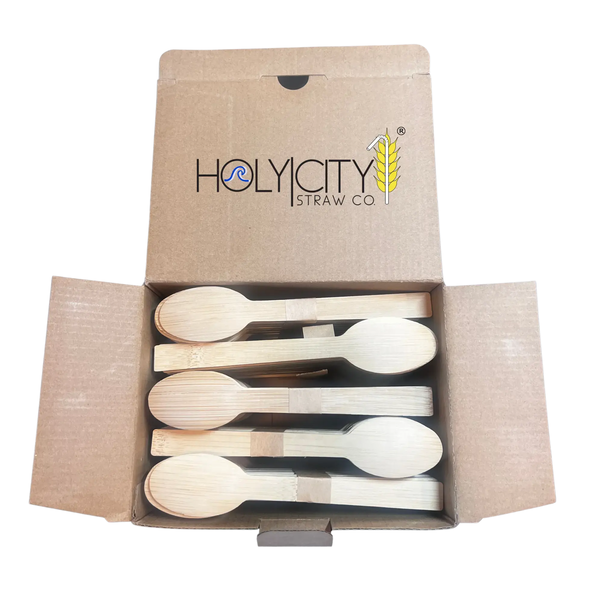 Disposable 4.3-inch bamboo taster spoons by Holy City Straw Company, lightweight and eco-friendly cutlery for sampling.