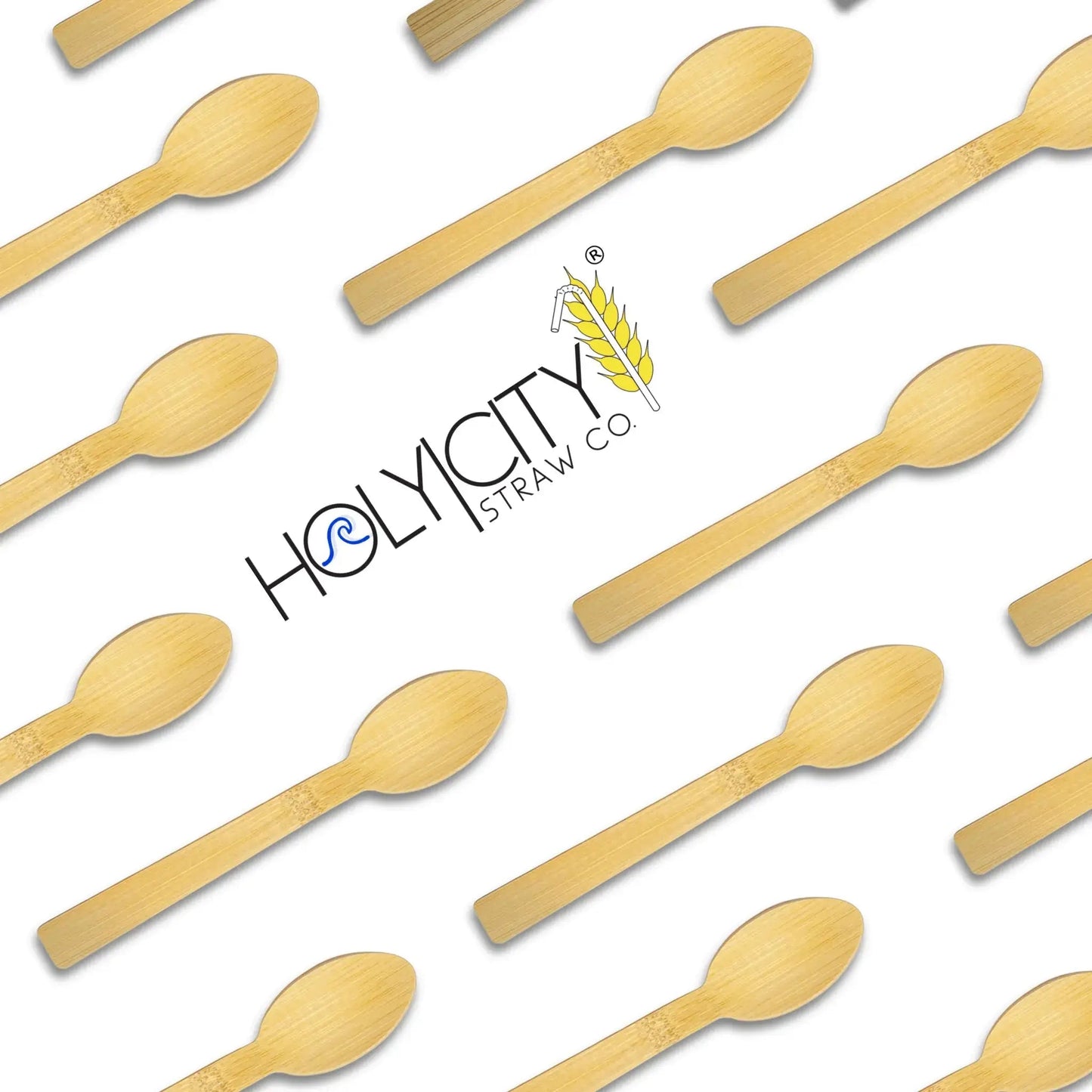 Set of 4.3-inch disposable bamboo taster spoons from Holy City Straw Company, eco-friendly cutlery for sampling and tasting.