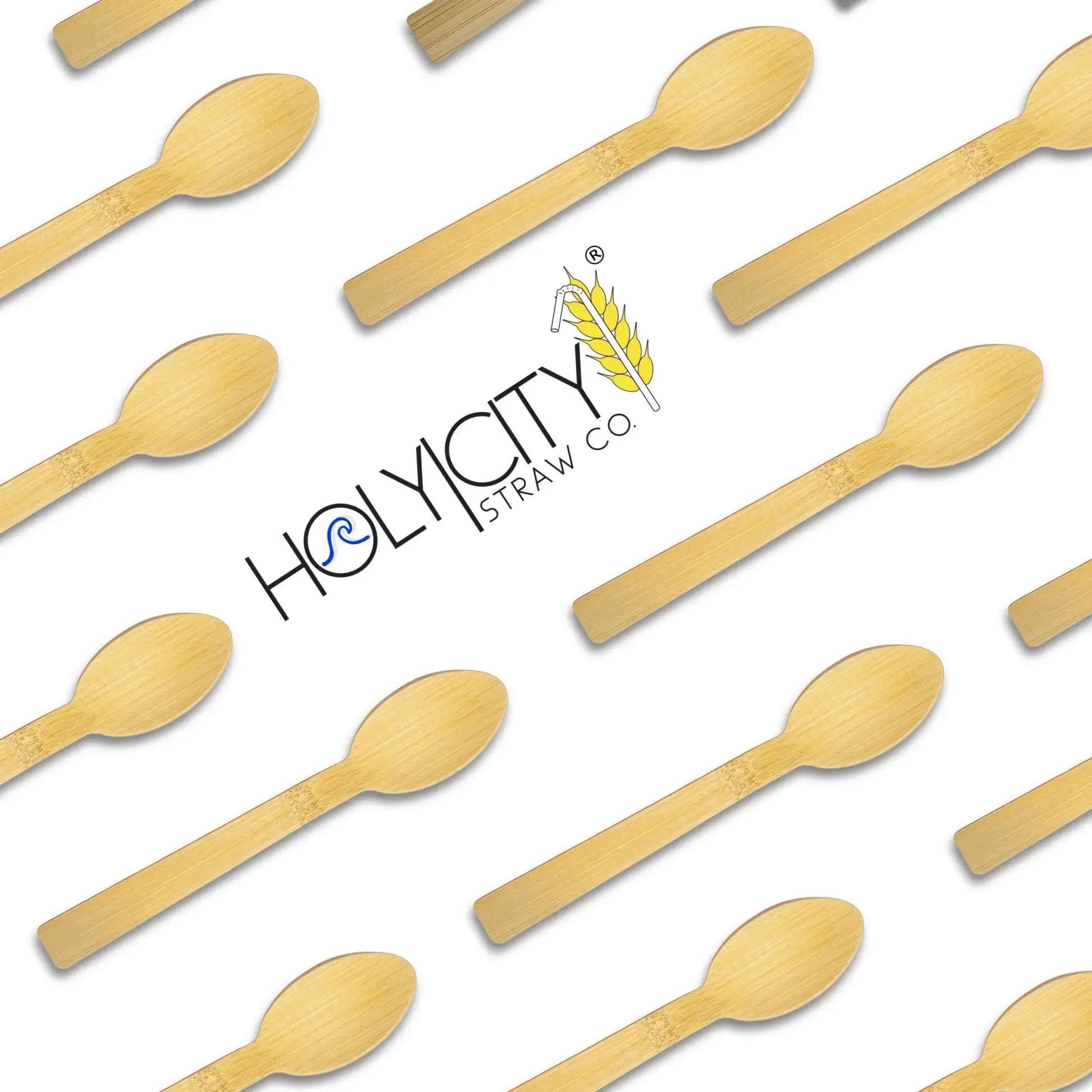 Set of 4.3-inch disposable bamboo taster spoons from Holy City Straw Company, eco-friendly cutlery for sampling and tasting.