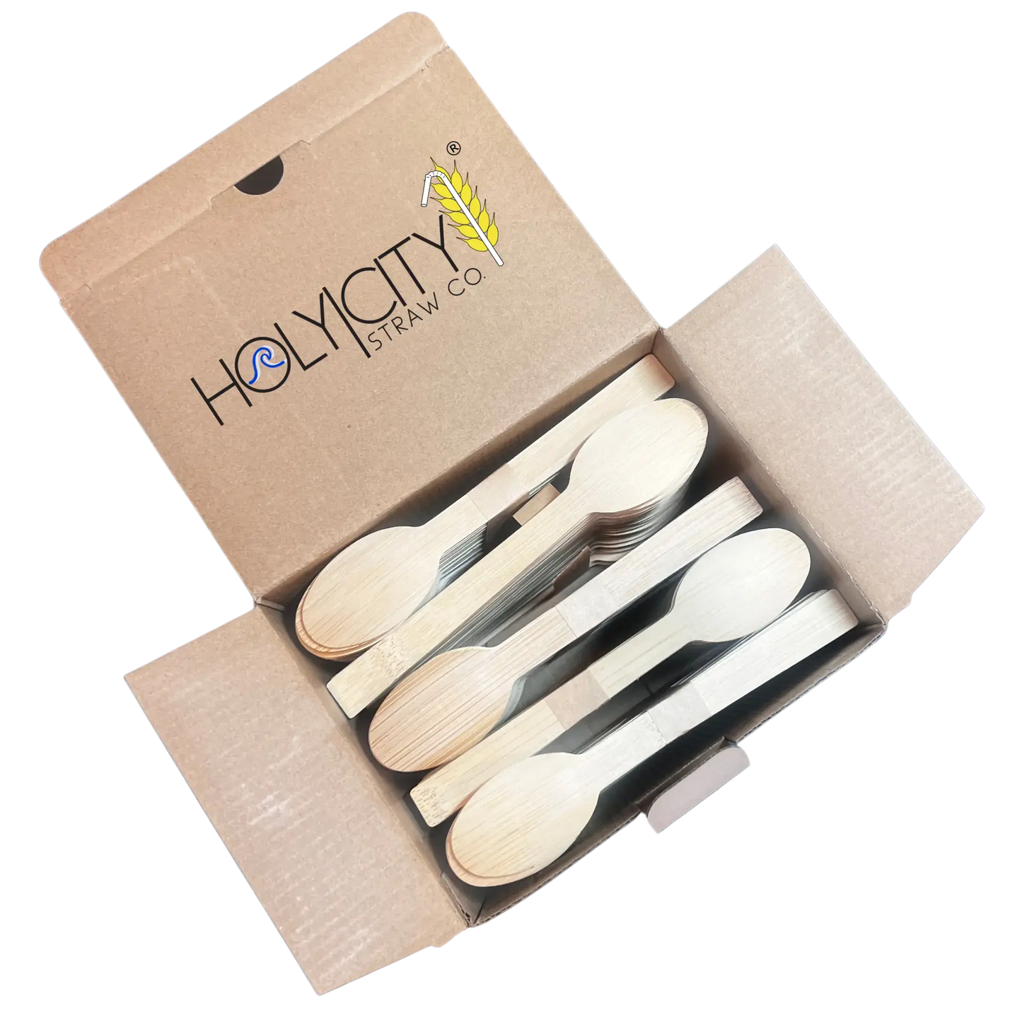 Set of four 4.3-inch disposable bamboo taster spoons by Holy City Straw Company for sampling and tasting applications.