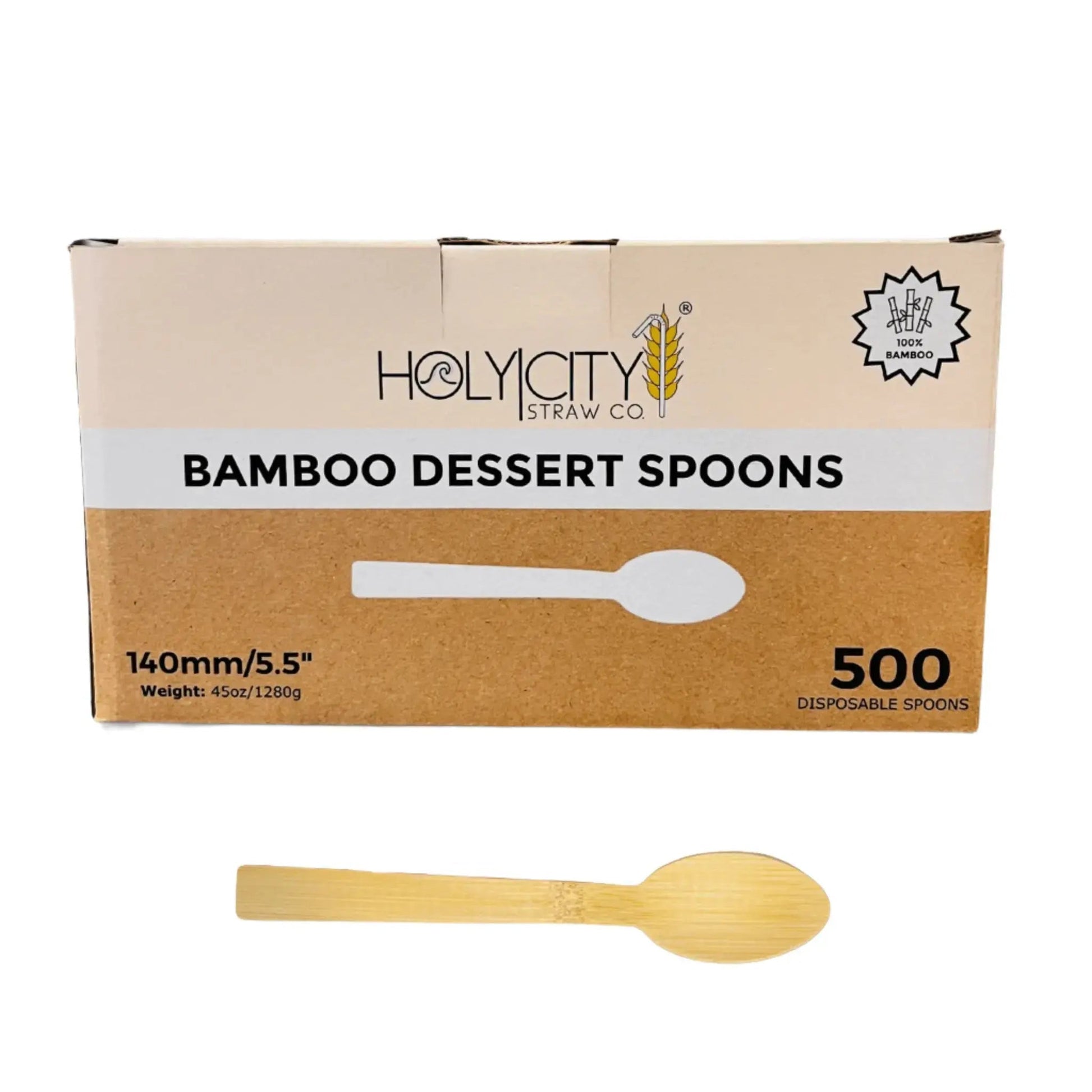 Set of 5.5-inch bamboo dessert spoons by Holy City Straw Company, disposable cutlery with eco-friendly wooden design.