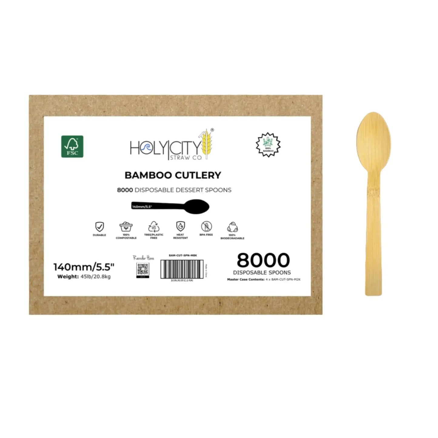 Set of 5.5-inch bamboo dessert spoons from Holy City Straw Company, disposable cutlery with eco-friendly bamboo material.