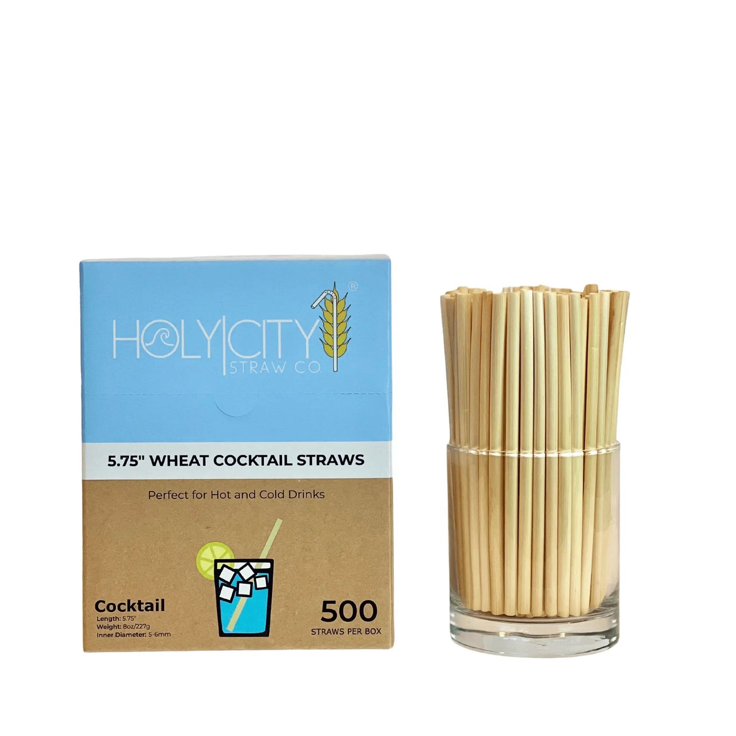 Holy City Straw Company 5.75-inch cocktail wheat drinking straws, eco-friendly and biodegradable for beverages.
