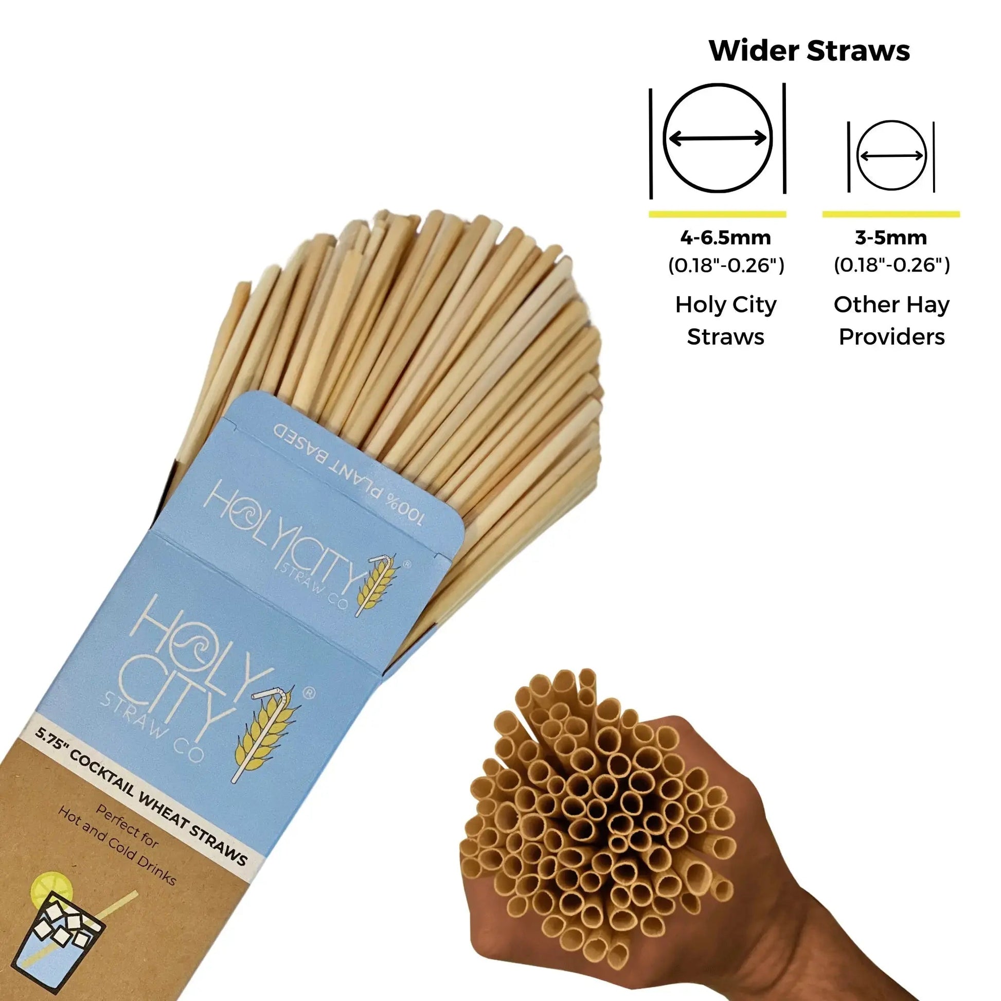Holy City Straw Company 5.75-inch cocktail wheat drinking straws for eco-friendly beverage use.
