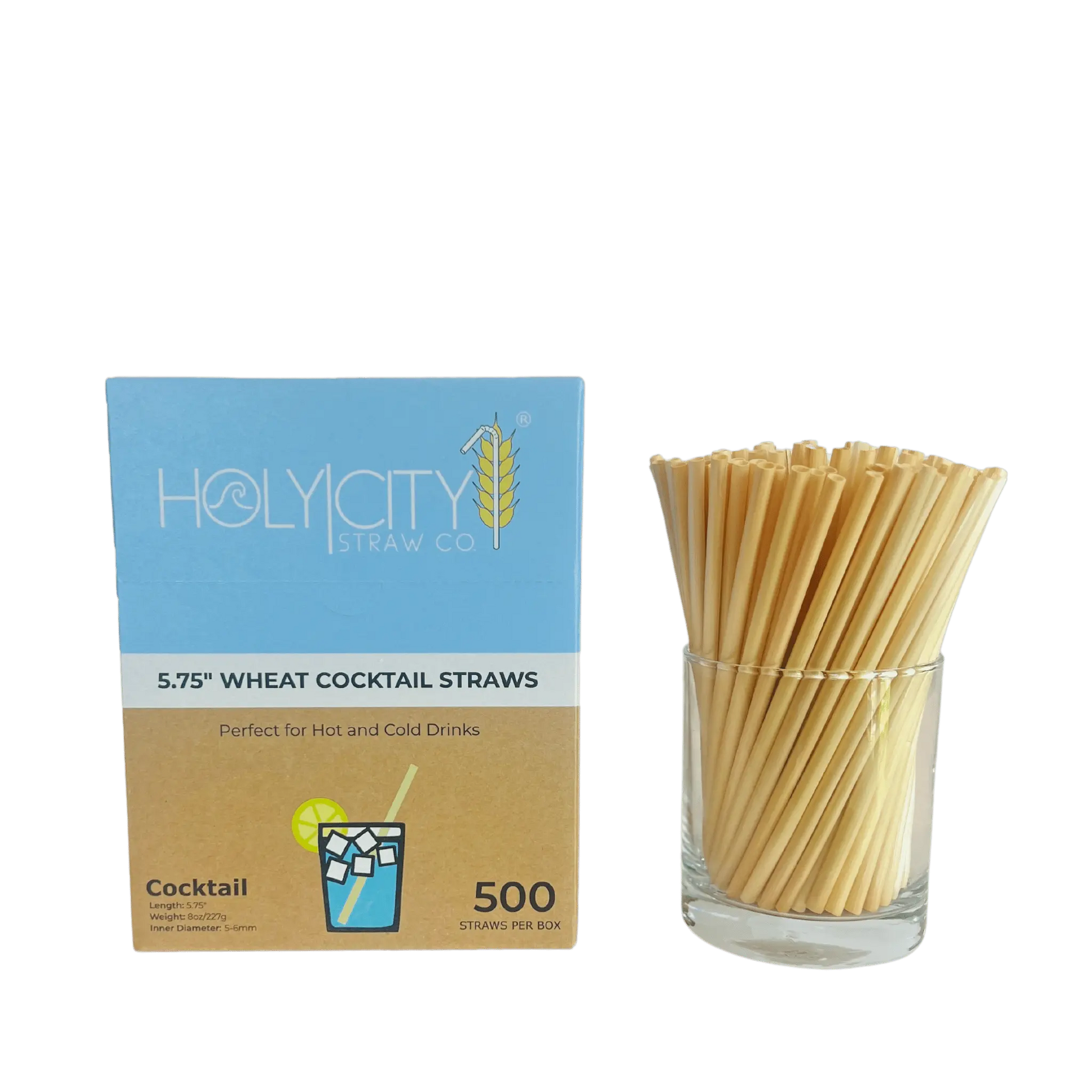 5.75-inch cocktail wheat straws from Holy City Straw Company, eco-friendly drinking straws with natural wheat appearance.