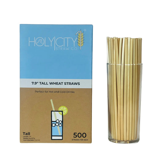 Holy City Straw Company 7.9-inch tall wheat drinking straws and stirrers, eco-friendly and natural for beverages.
