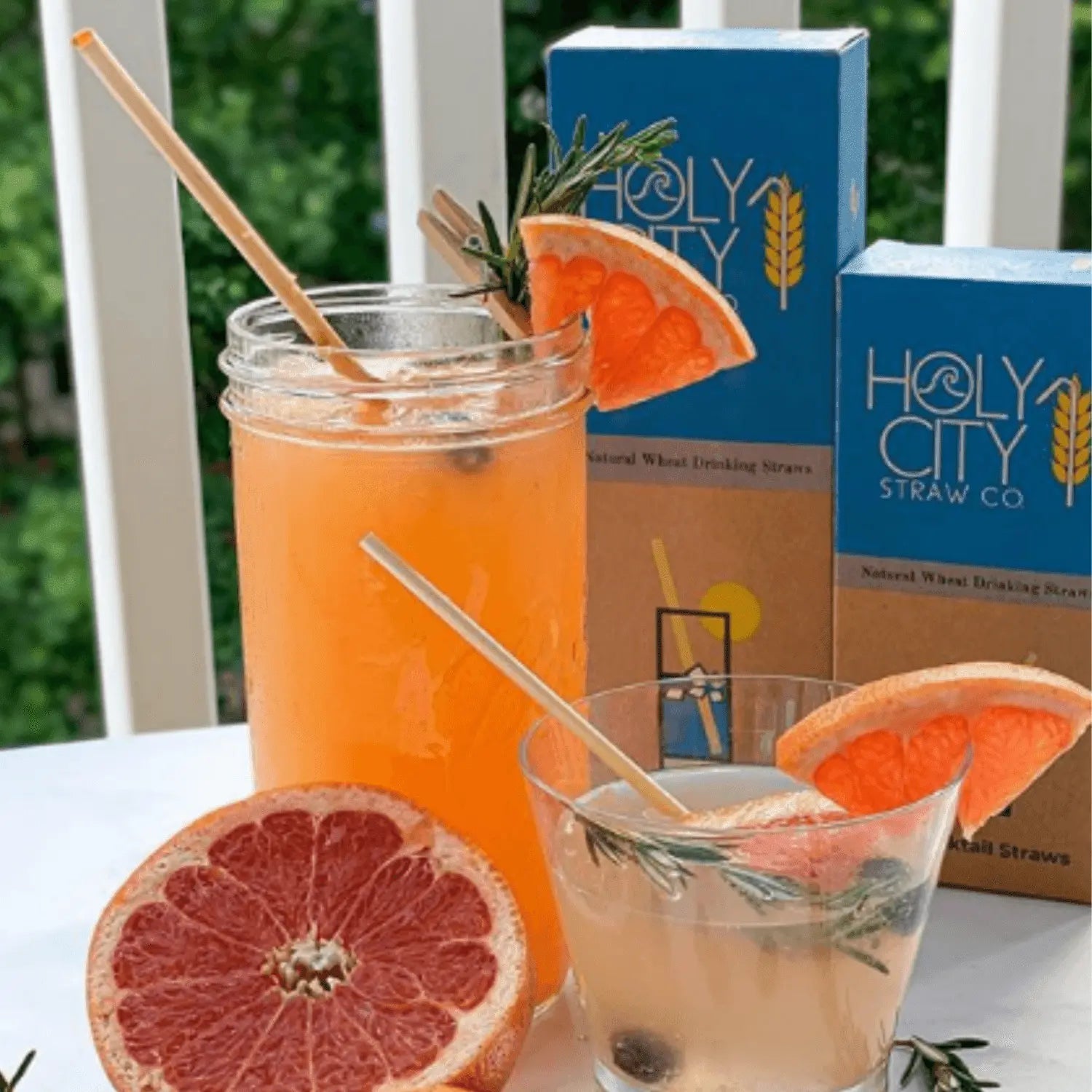 Holy City Straw Company 7.9-inch tall wheat drinking straws and stirrers for eco-friendly beverage use.