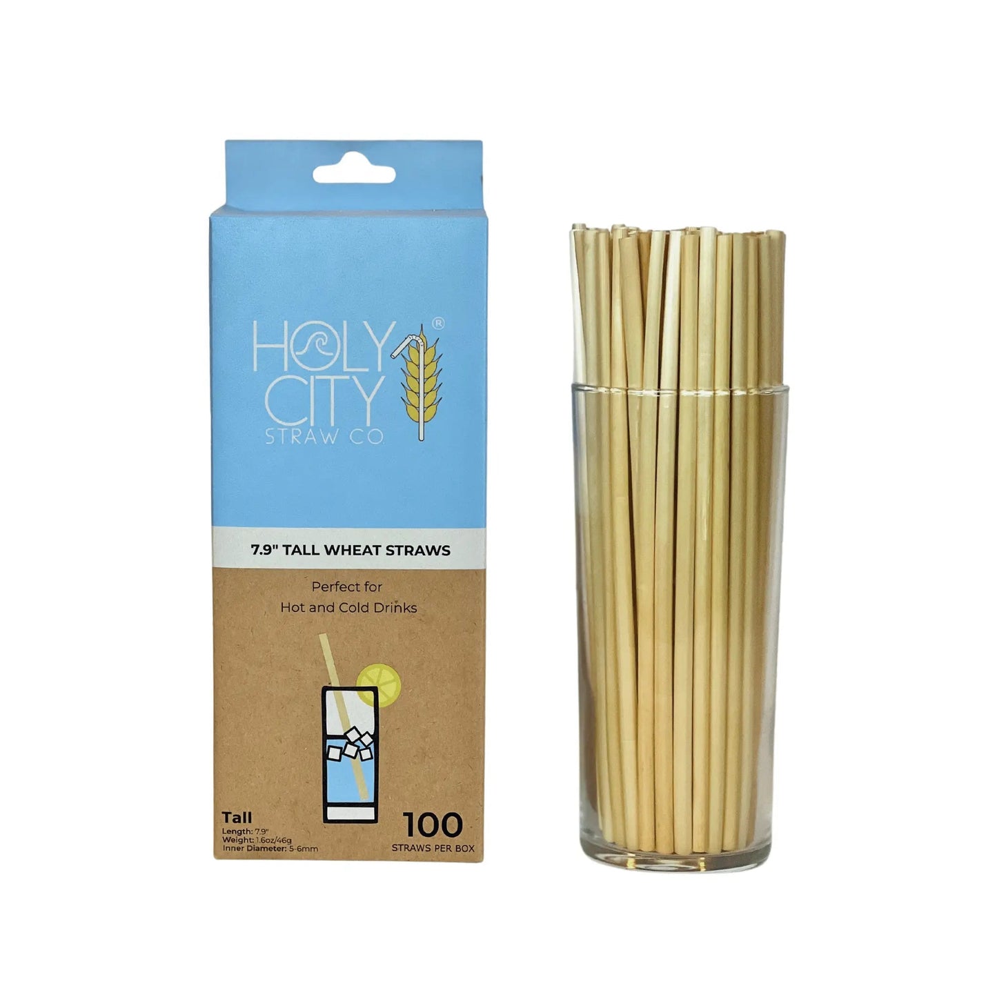 Holy City Straw Company 7.9-inch tall wheat drinking straws and stirrers in natural wheat color.