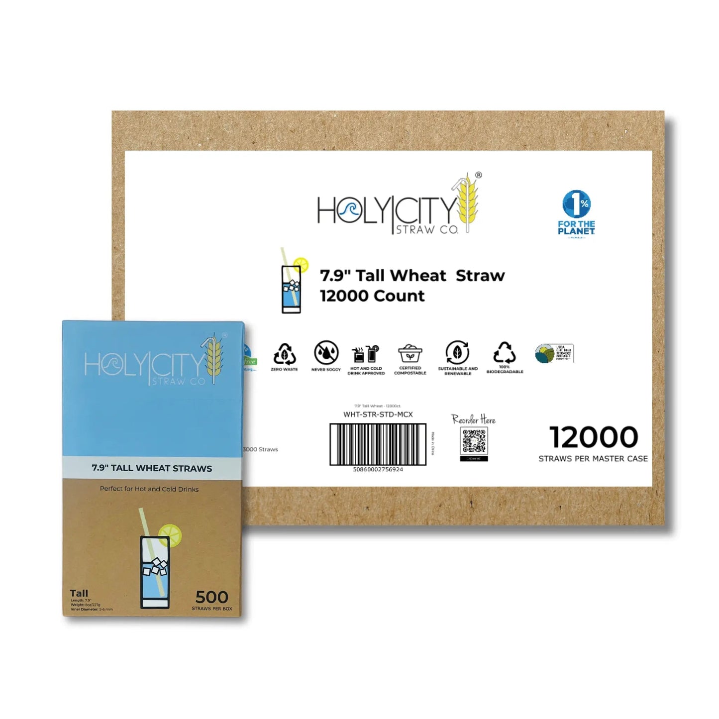 Holy City Straw Company 7.9-inch tall wheat drinking straws and stirrers, natural eco-friendly beverage accessories.