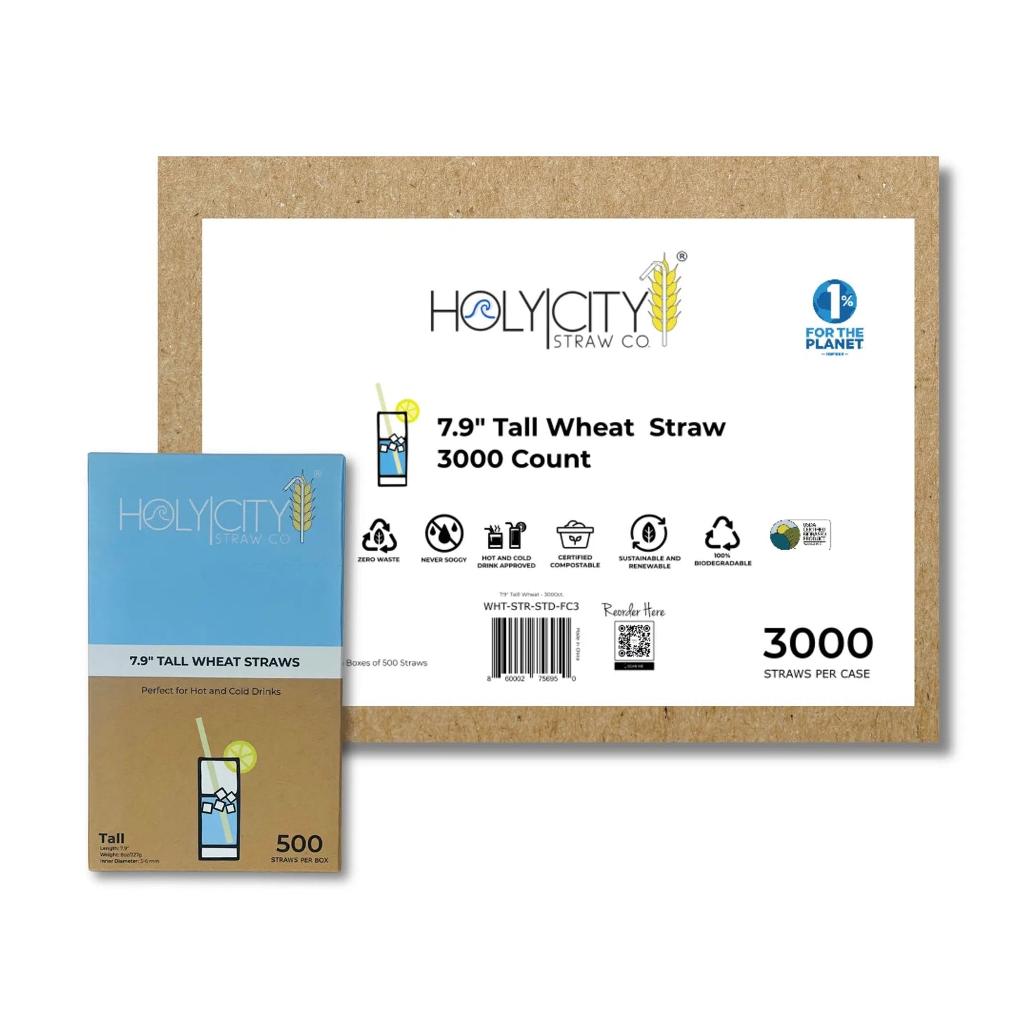 Holy City Straw Company 7.9-inch tall wheat drinking straws and stirrers, eco-friendly natural wheat material for beverages.