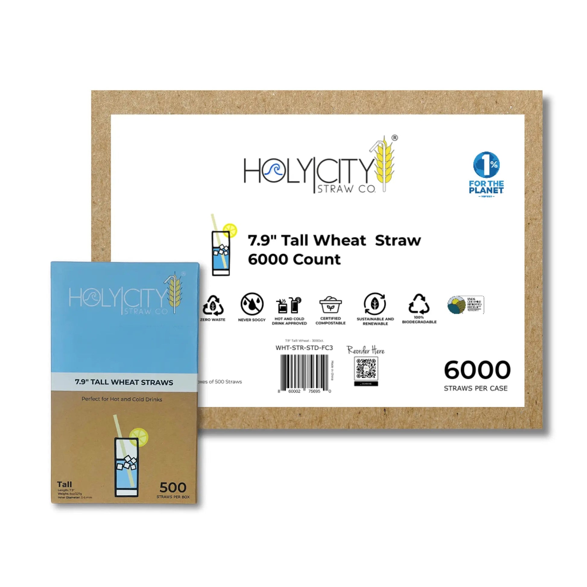 7.9-inch tall wheat drinking straws by Holy City Straw Company, eco-friendly natural wheat material for beverages.