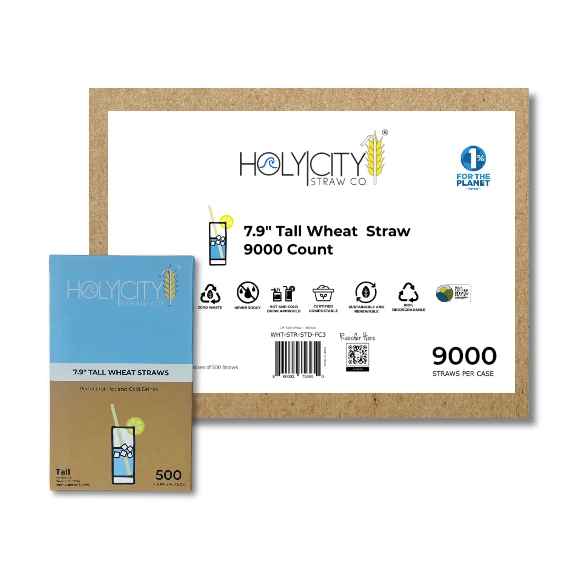 Holy City Straw Company 7.9-inch tall wheat drinking straws and stirrers, eco-friendly natural wheat material.