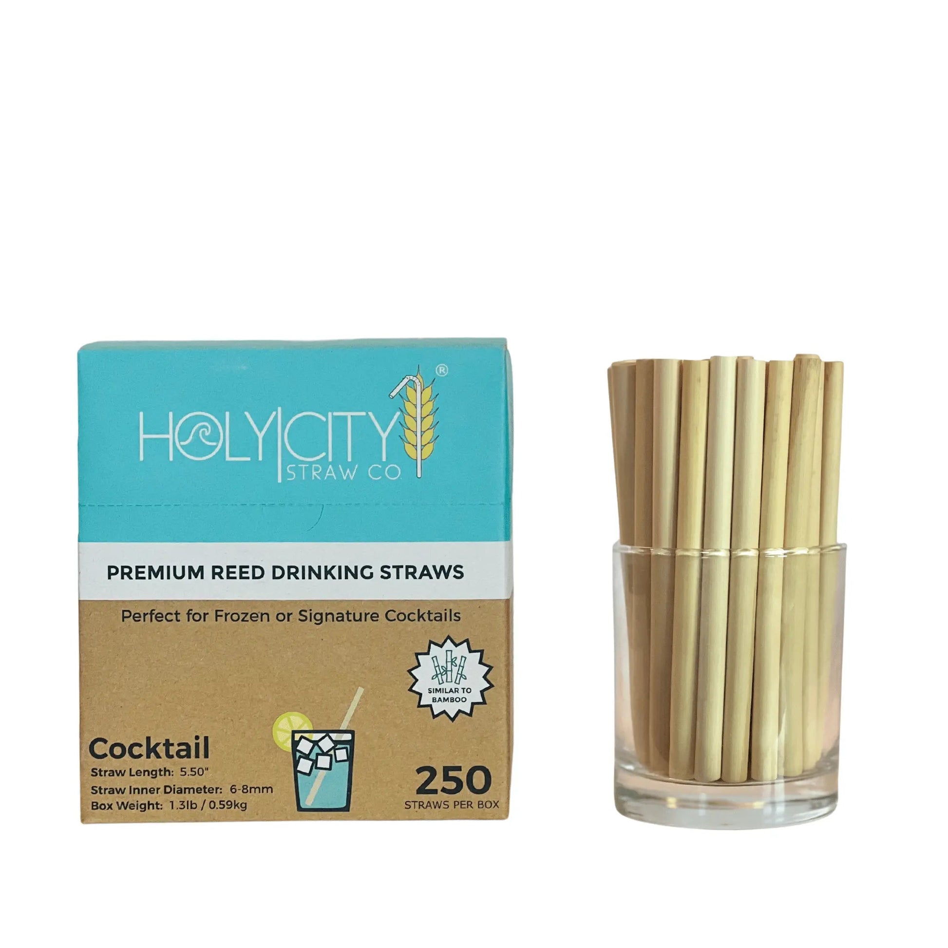 5.5-inch Jumbo Reed Drinking Straws by Holy City Straw Company, natural woven reed material for eco-friendly beverages.