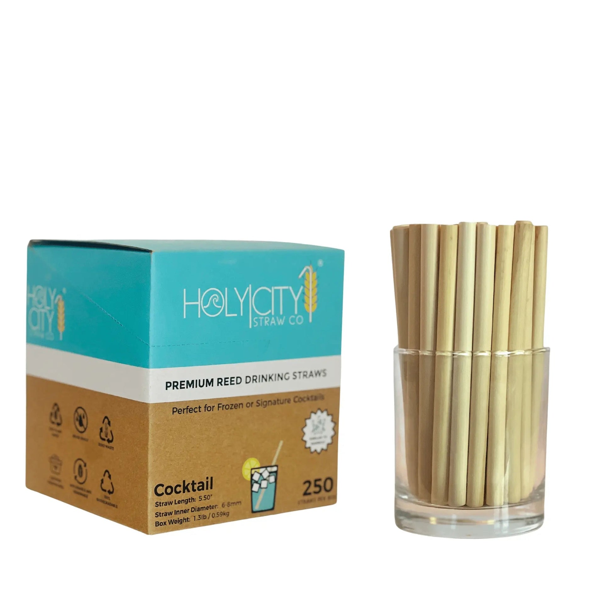 5.5-inch jumbo reed drinking straws by Holy City Straw Company, eco-friendly natural reed material for beverages.