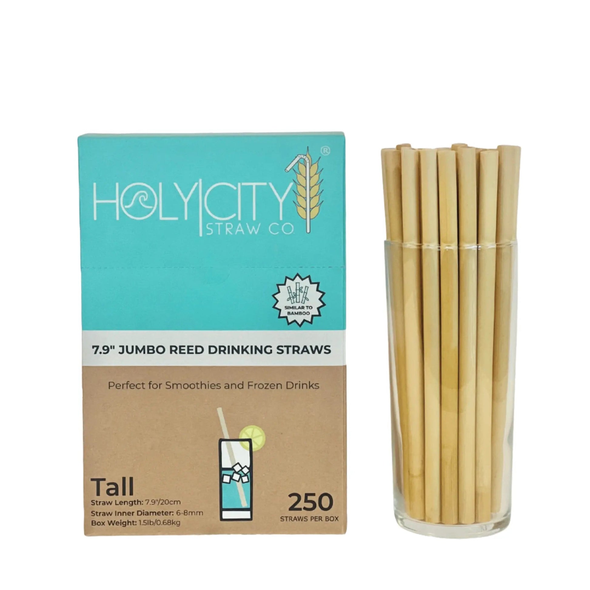 Holy City Straw Company 7.9-inch jumbo reed drinking straws with natural wooden texture and smooth open ends.