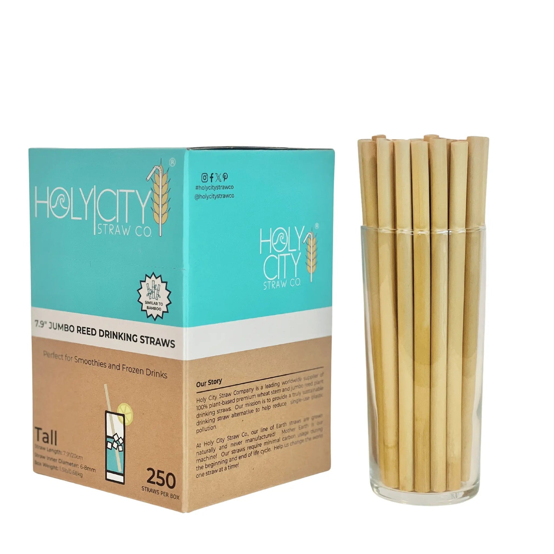 Holy City Straw Company 7.9-inch jumbo reed drinking straws arranged in a clear container, eco-friendly and reusable.
