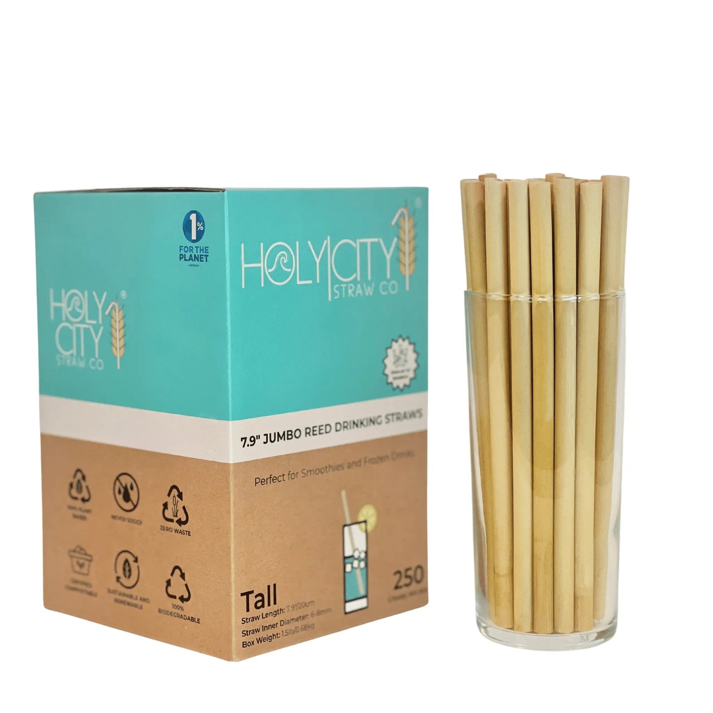Holy City Straw Company 7.9-inch jumbo reed drinking straws and stirrers, natural biodegradable material for beverages.