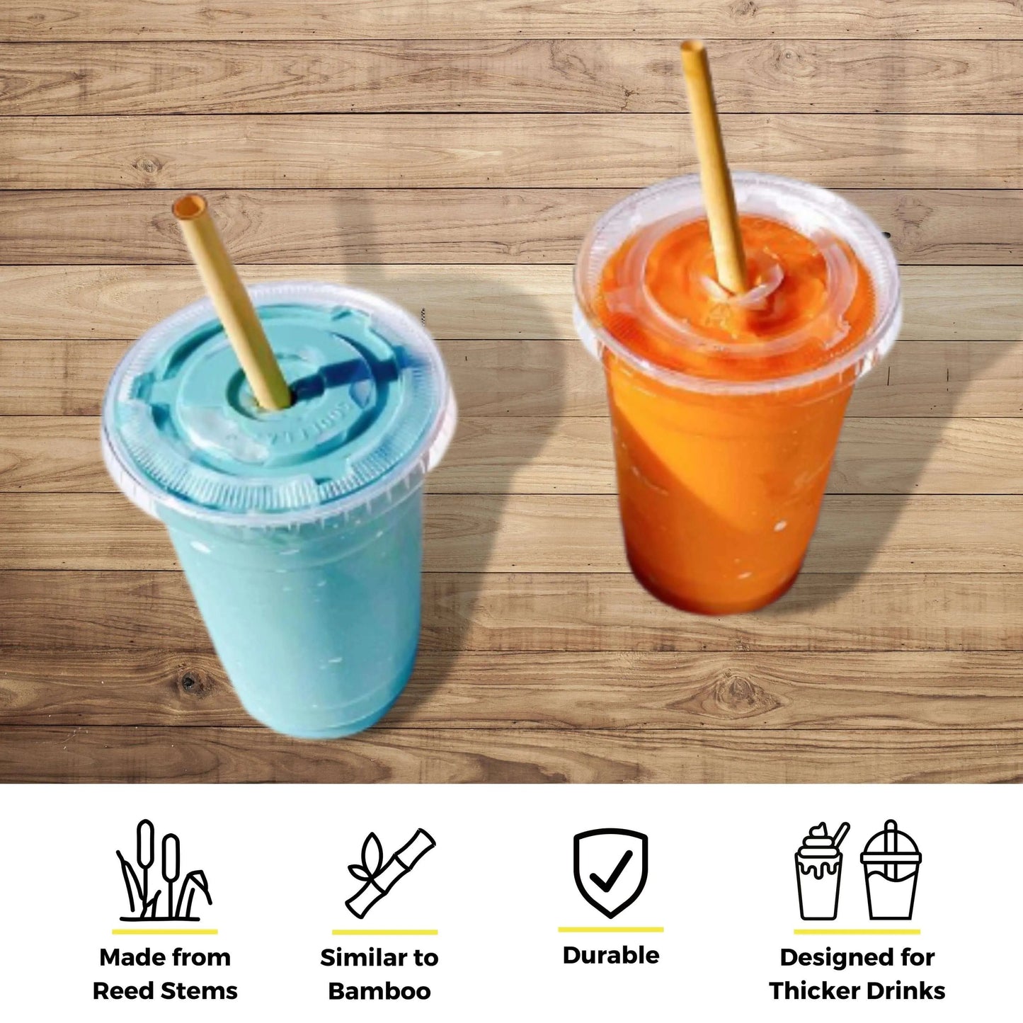 Holy City Straw Company 7.9-inch jumbo reed drinking straws, eco-friendly and reusable, shown in a row on a white background.