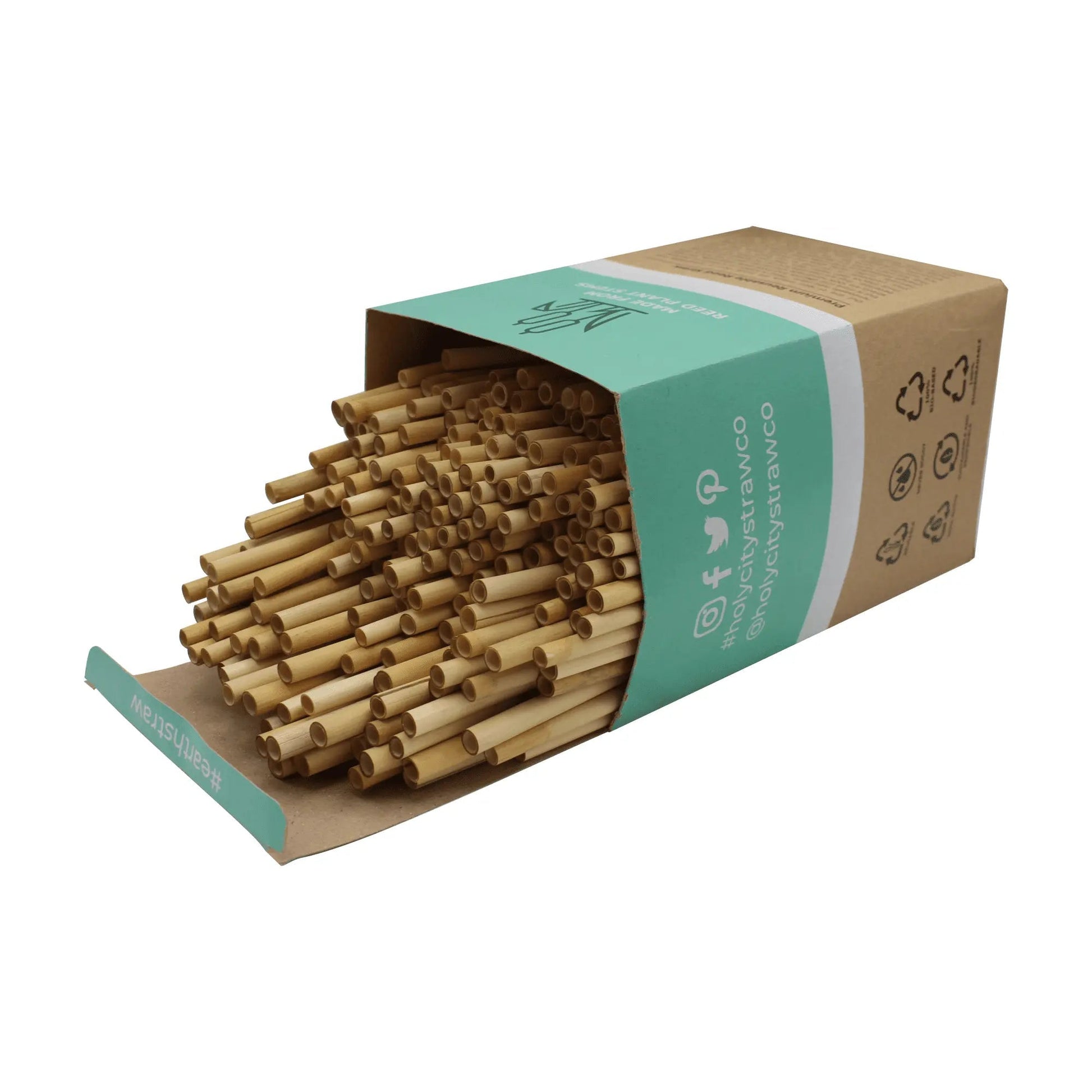 Holy City Straw Company 7.9-inch jumbo reed drinking straws laid out, natural reed material, ideal for beverages and eco-friendly use.