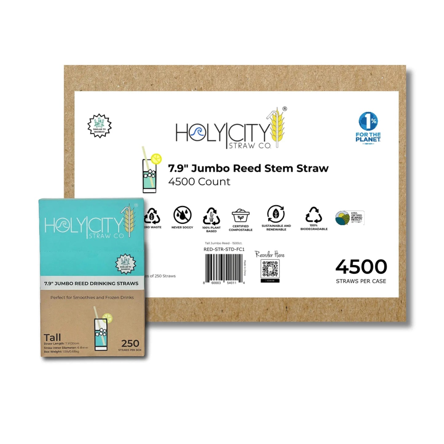 7.9-inch jumbo reed drinking straws by Holy City Straw Company, natural reusable straw for beverages