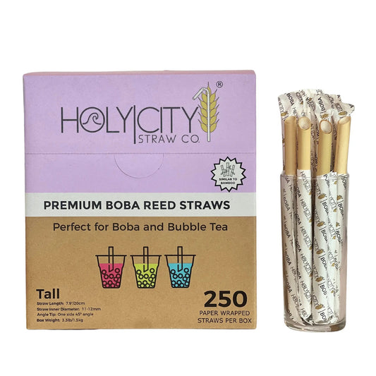 Holy City Straw Company 7.9-inch wrapped boba reed drinking straws for bubble tea and beverages.