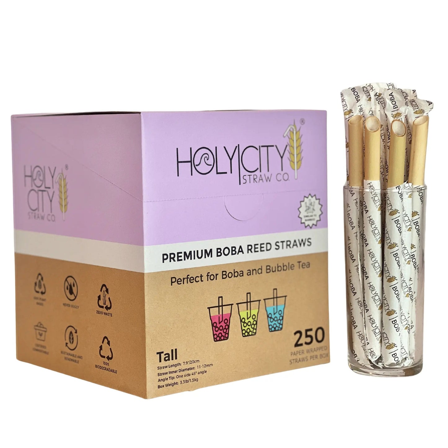 Holy City Straw Company 7.9-inch wrapped boba reed drinking straw, eco-friendly and perfect for bubble tea.