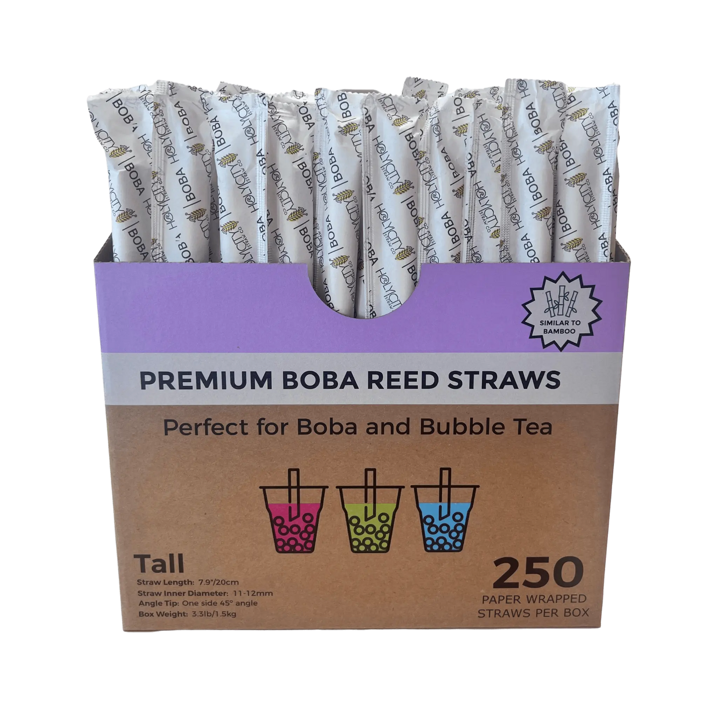 Holy City Straw Company 7.9-inch wrapped boba reed straws for drinking, ideal for bubble tea and specialty beverages.