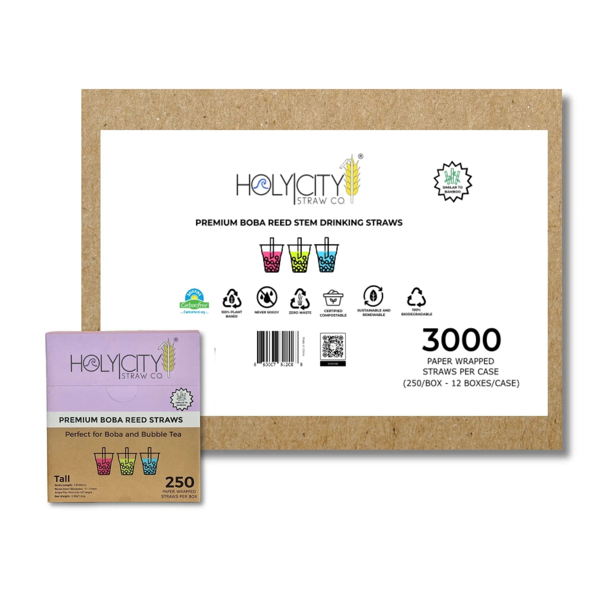 Holy City Straw Company 7.9-inch wrapped boba reed drinking straws, natural boba tea straws with wrapping for hygiene.