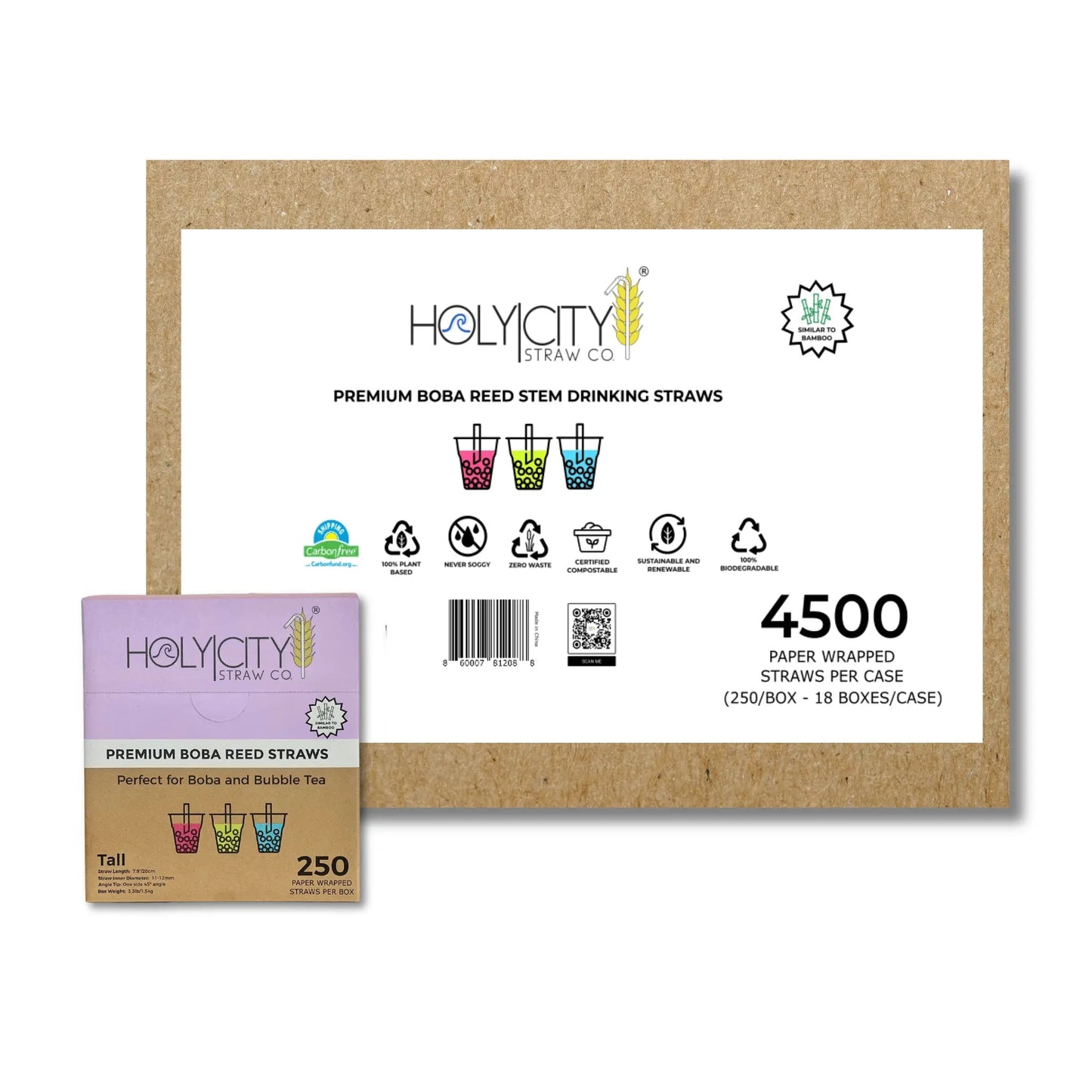 Holy City Straw Company 7.9-inch wrapped boba reed drinking straws for bubble tea and beverages, eco-friendly and durable.