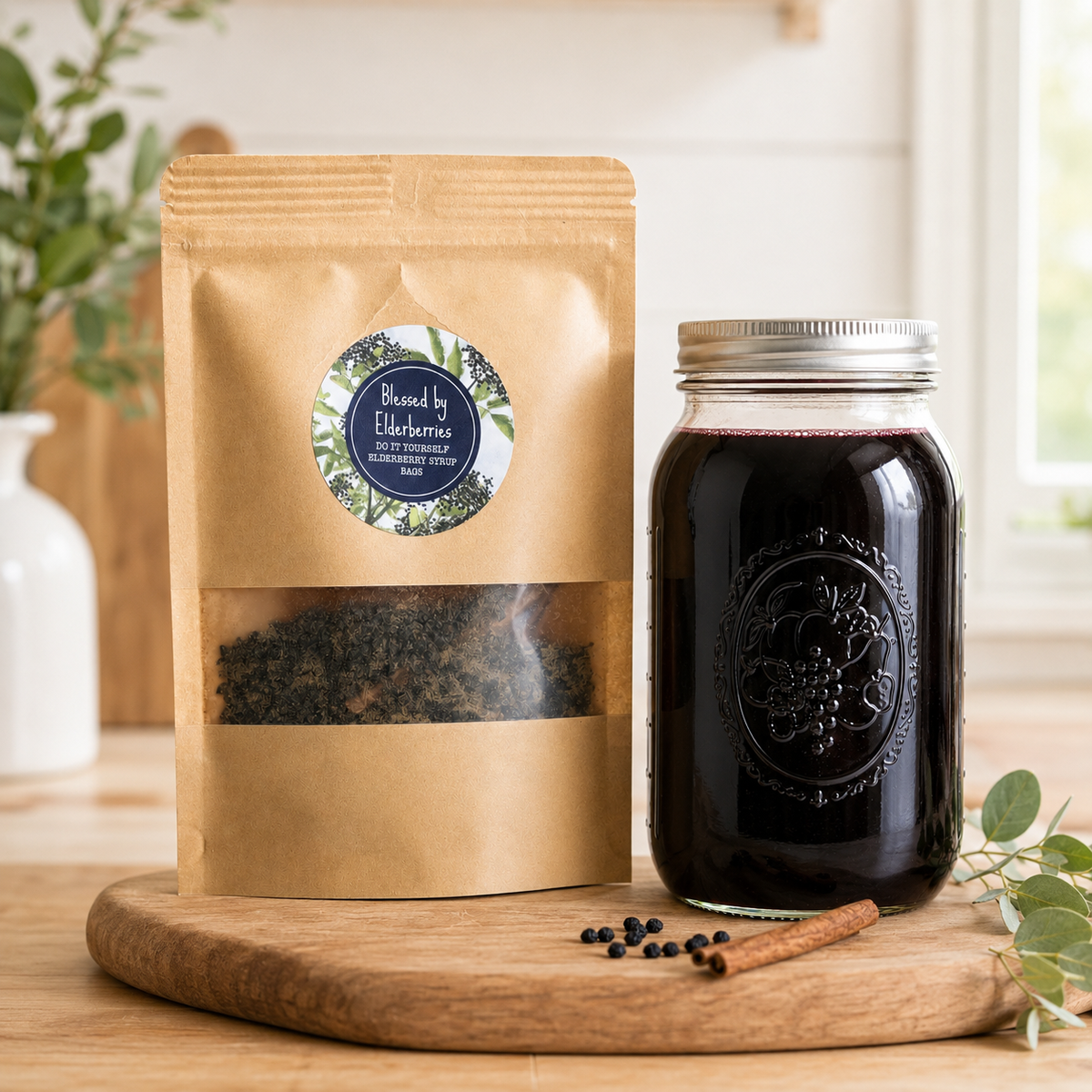 Quart size DIY Elderberry Syrup kit by Blessed by Elderberries, includes natural ingredients and brewing supplies for homemade elderberry tea.