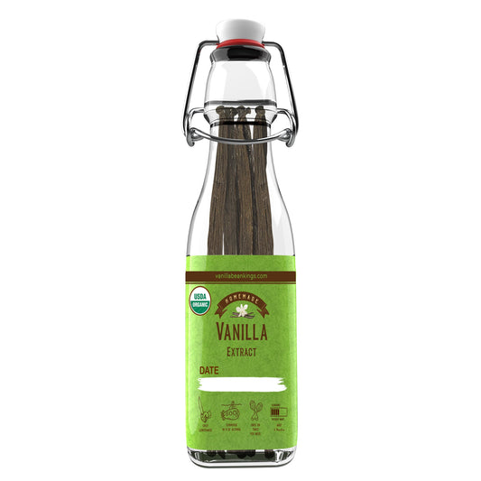 Homemade vanilla extract kit featuring organic Madagascar vanilla beans and glass jars for making vanilla extract at home.