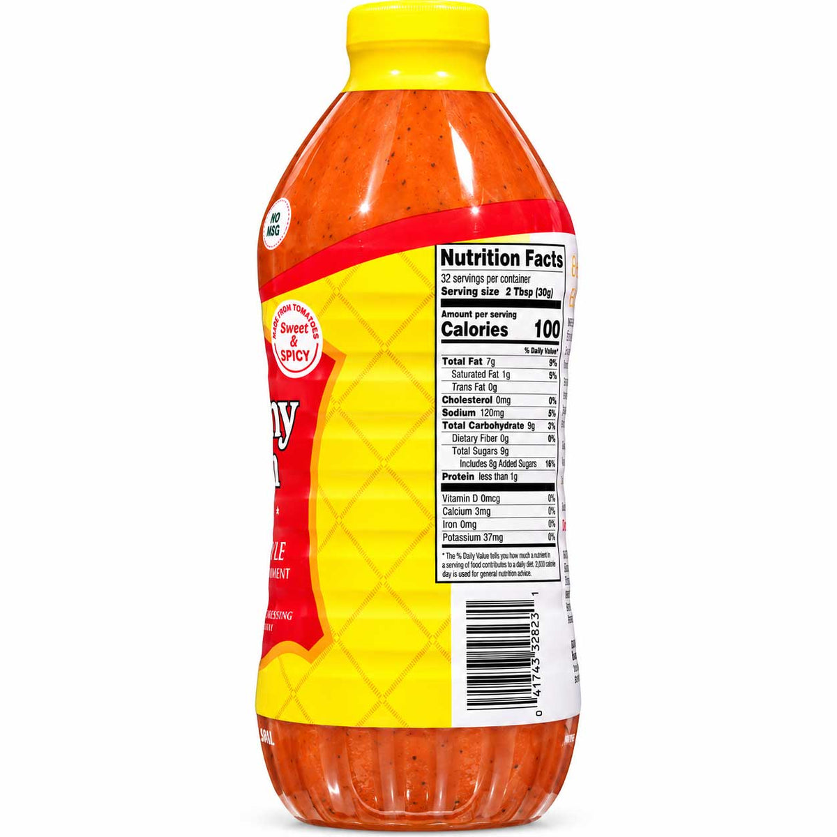 Homestyle Dorothy Lynch Salad Dressing in 32 oz bottle, gluten-free, with label visible, on a kitchen countertop.