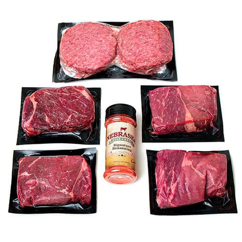 Honest Value Beef Package from Nebraska Star Beef featuring 10 oz top sirloins, 1/3 lb beef patties, and seasoning.
