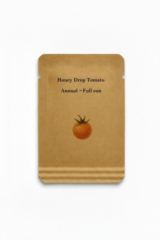Honey Drop Tomato Seeds packet showing heirloom sweet yellow cherry tomato seeds from Steep Hill Garden.