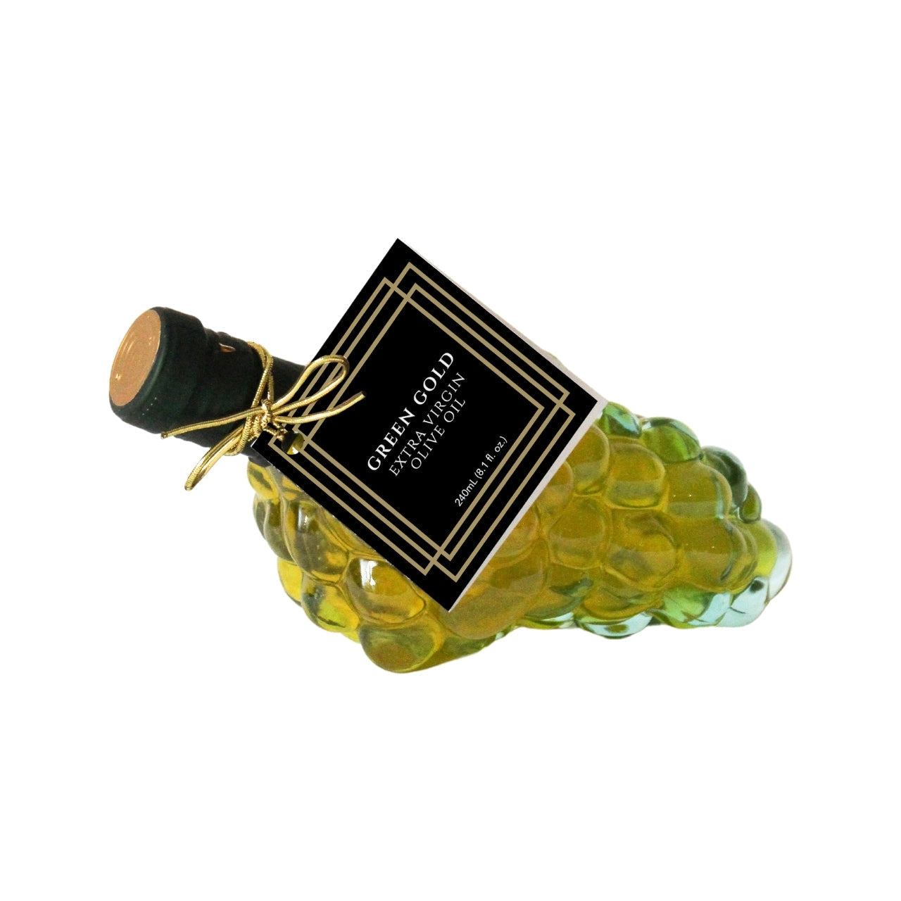 Bottle of Hongar Farms Melina's Green Gold 100% Pure Extra Virgin Olive Oil with a grape cluster illustration, 240mL size.